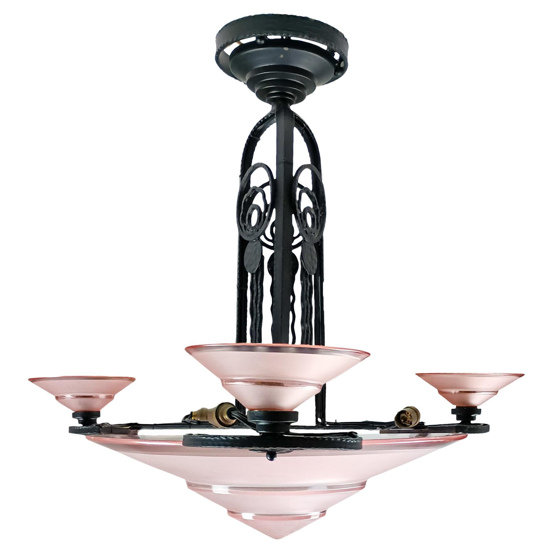 Art Deco Chandelier With Pink Glass Bowls - France For Sale