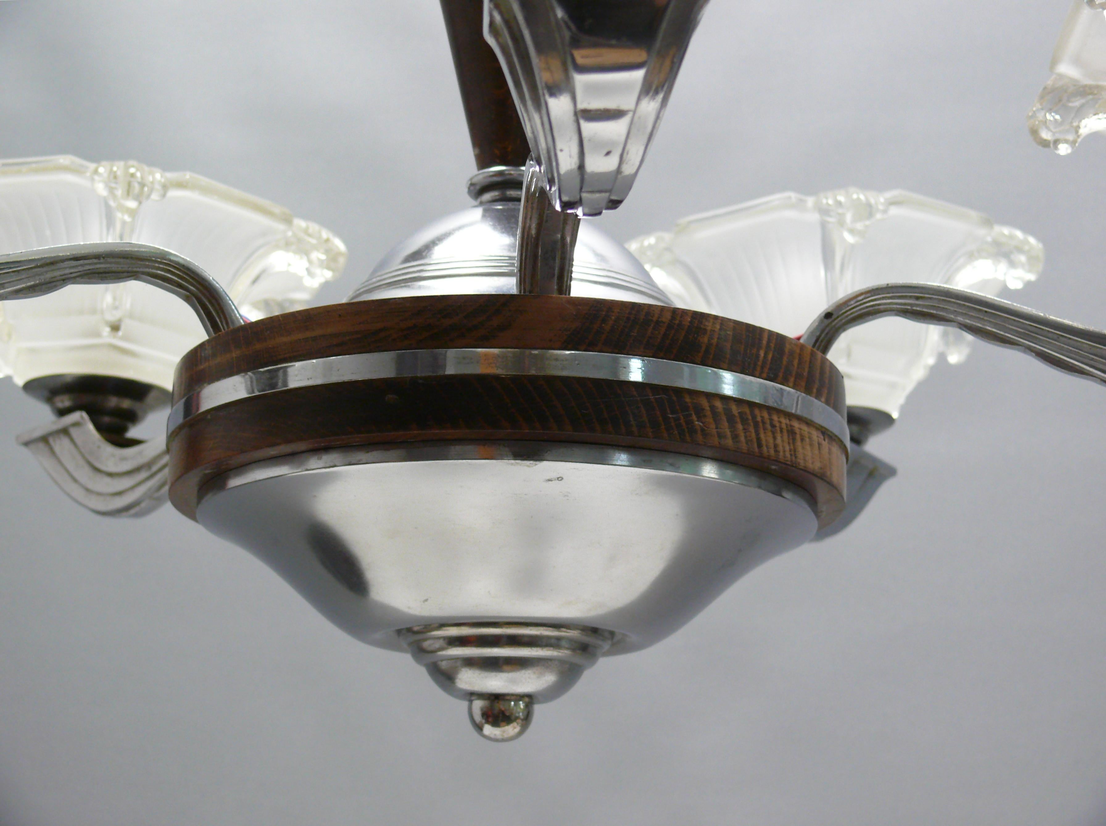 Lampadario Art Déco, stile Ezan, Francia - Cromo, Wood - 1930 in vendita 5