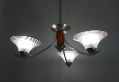 Art Deco Chrome and Nutwood Chandelier, France, 1930s, Three-Armed