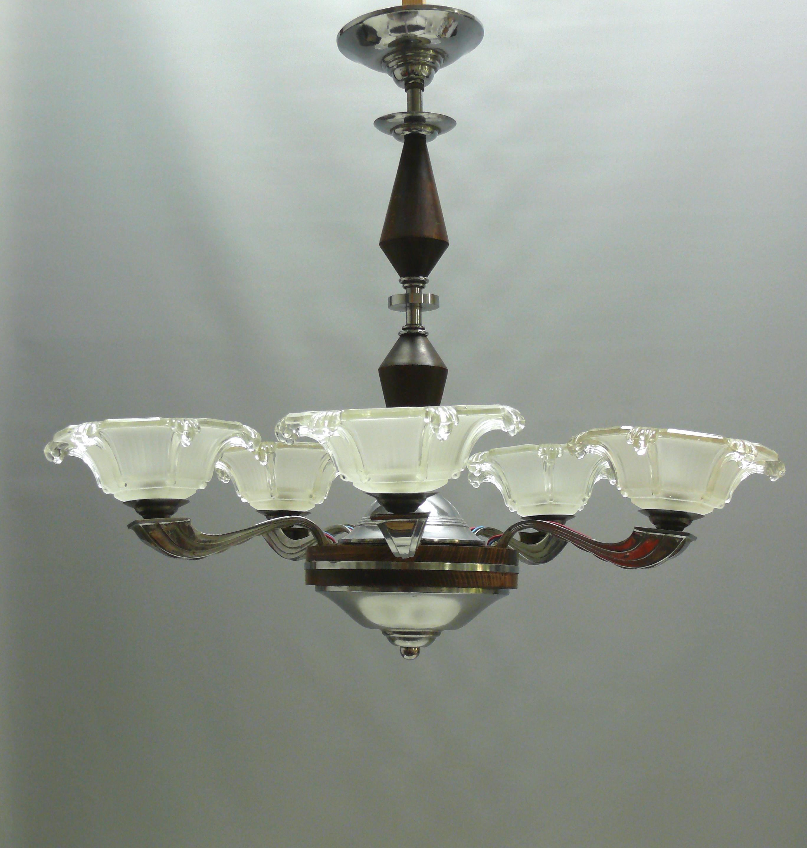 Francese Lampadario Art Déco, stile Ezan, Francia - Cromo, Wood - 1930 in vendita