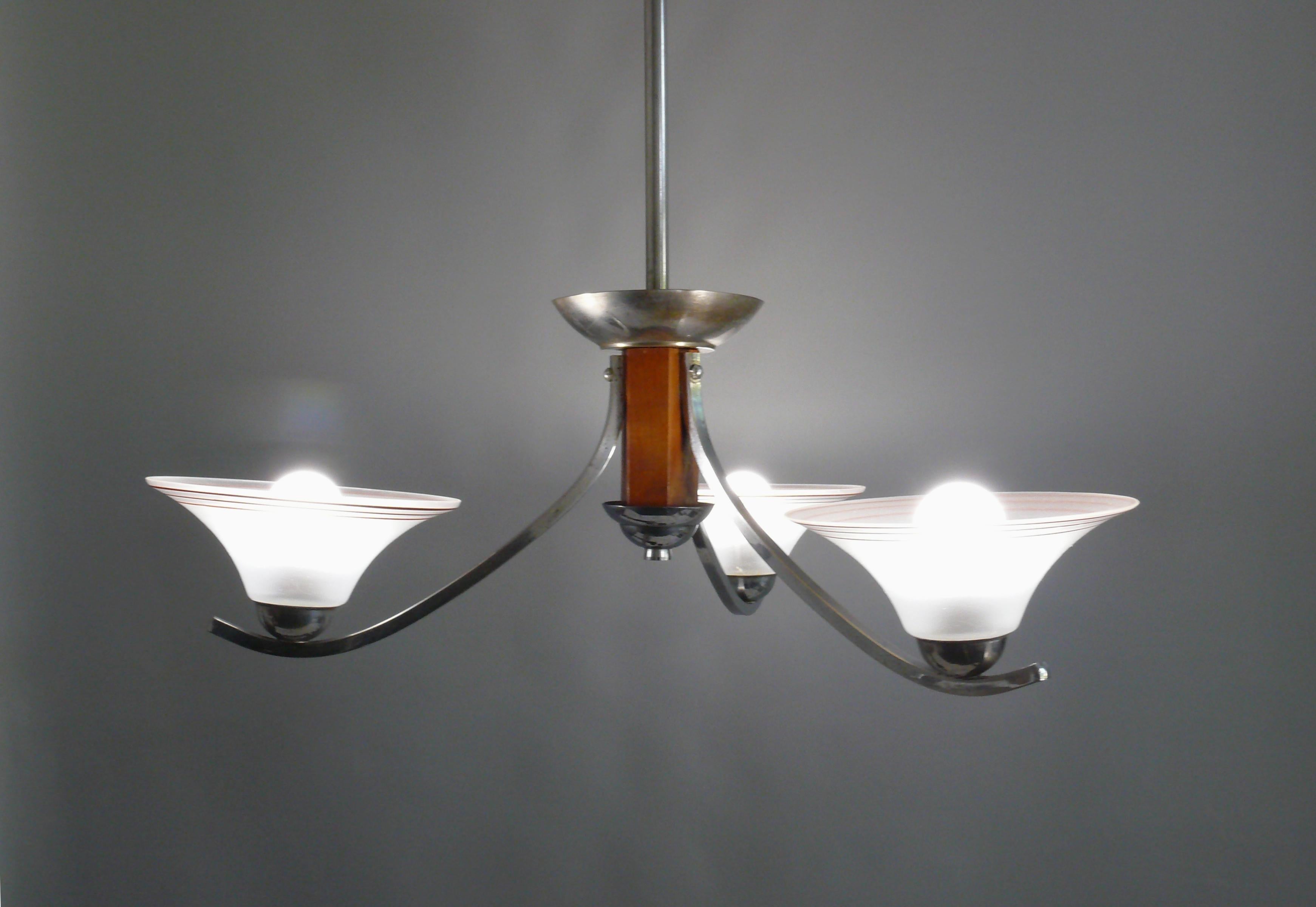 Art Deco Art Déco Chandelier, France - Chrome, Wood - 1930 For Sale