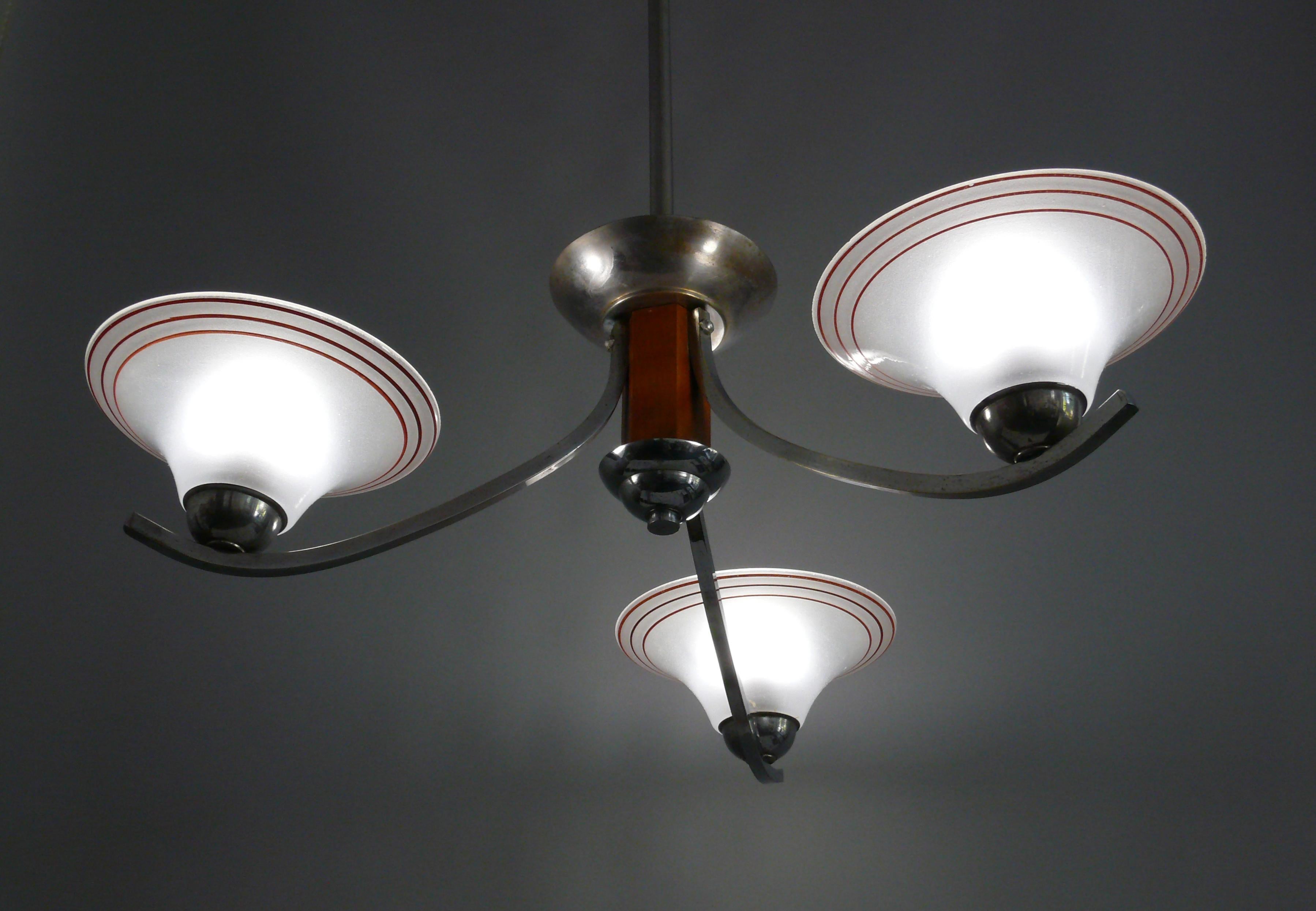 French Art Déco Chandelier, France - Chrome, Wood - 1930 For Sale