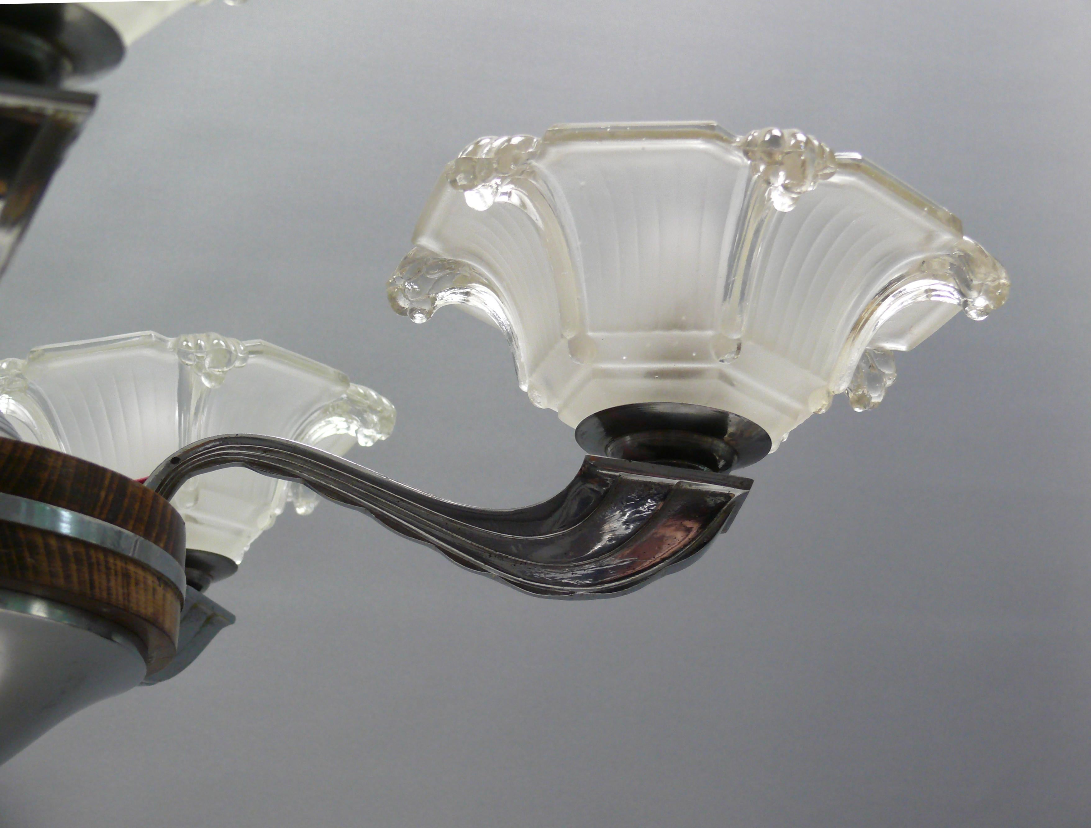 Lampadario Art Déco, stile Ezan, Francia - Cromo, Wood - 1930 In condizioni buone in vendita a Schwerin, MV