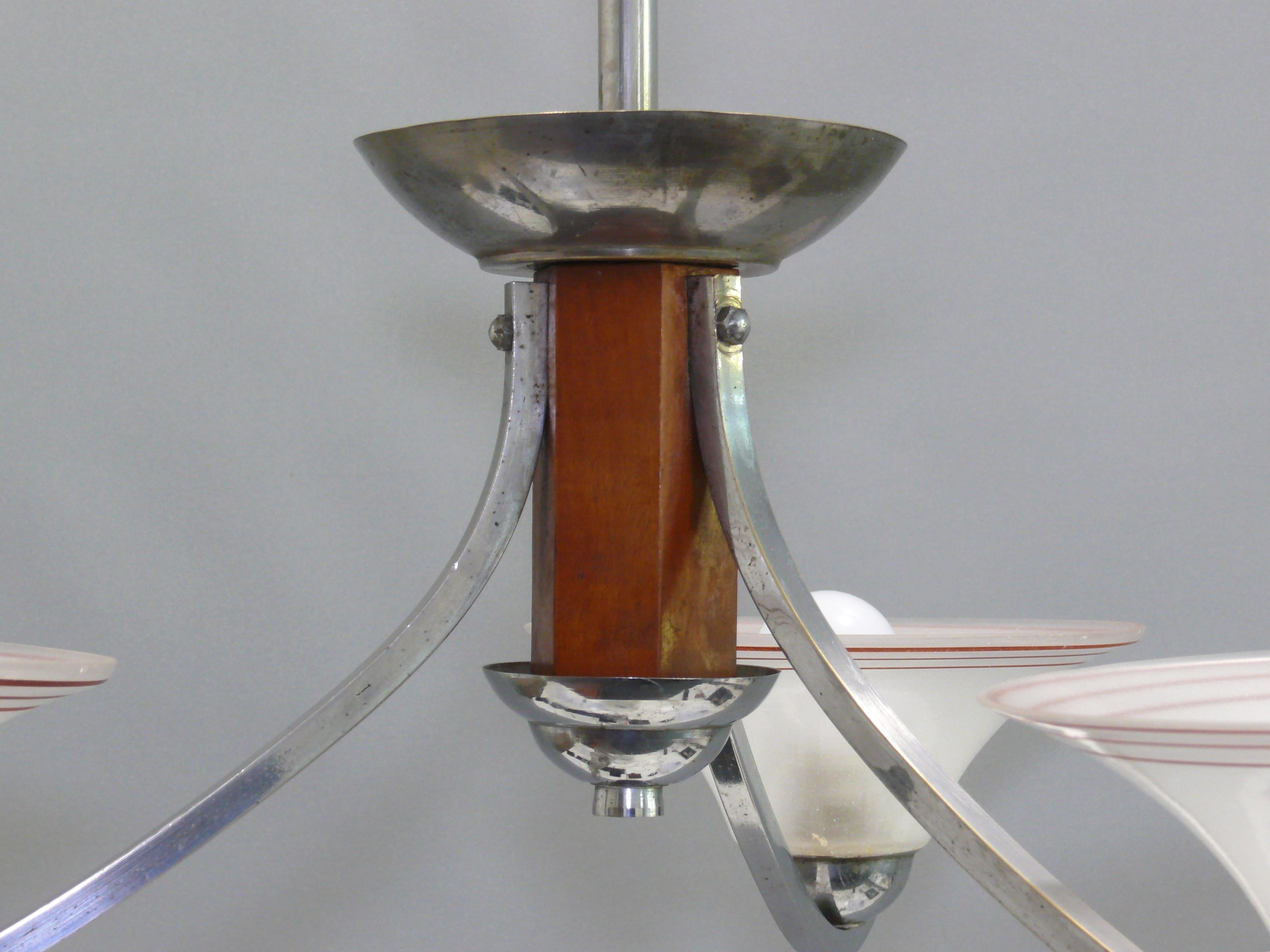 Mid-20th Century Art Déco Chandelier, France - Chrome, Wood - 1930 For Sale