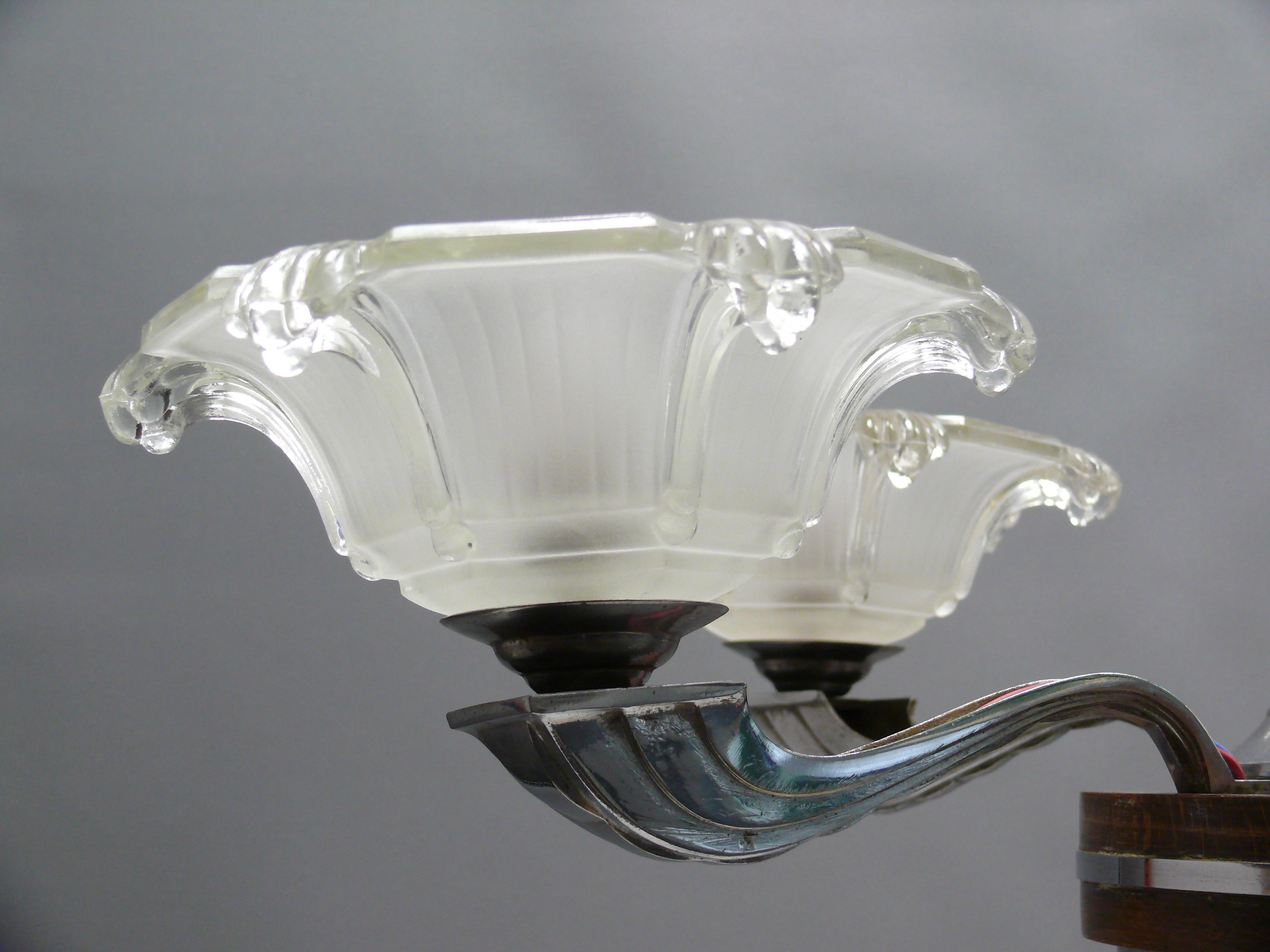 Metallo Lampadario Art Déco, stile Ezan, Francia - Cromo, Wood - 1930 in vendita
