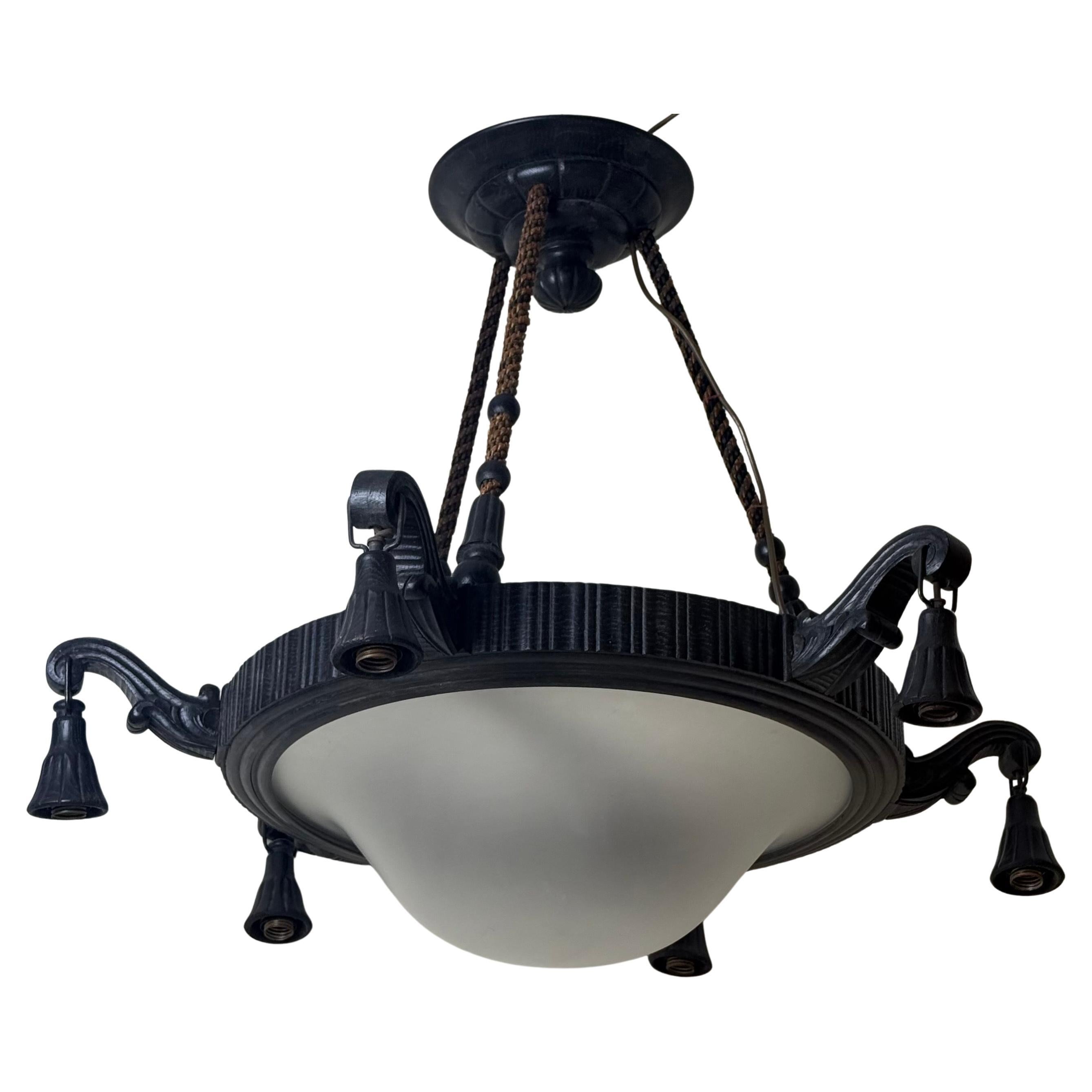 Art Deco Chandelier, Frosted Milk Glass, German Design, 90cm Diameter