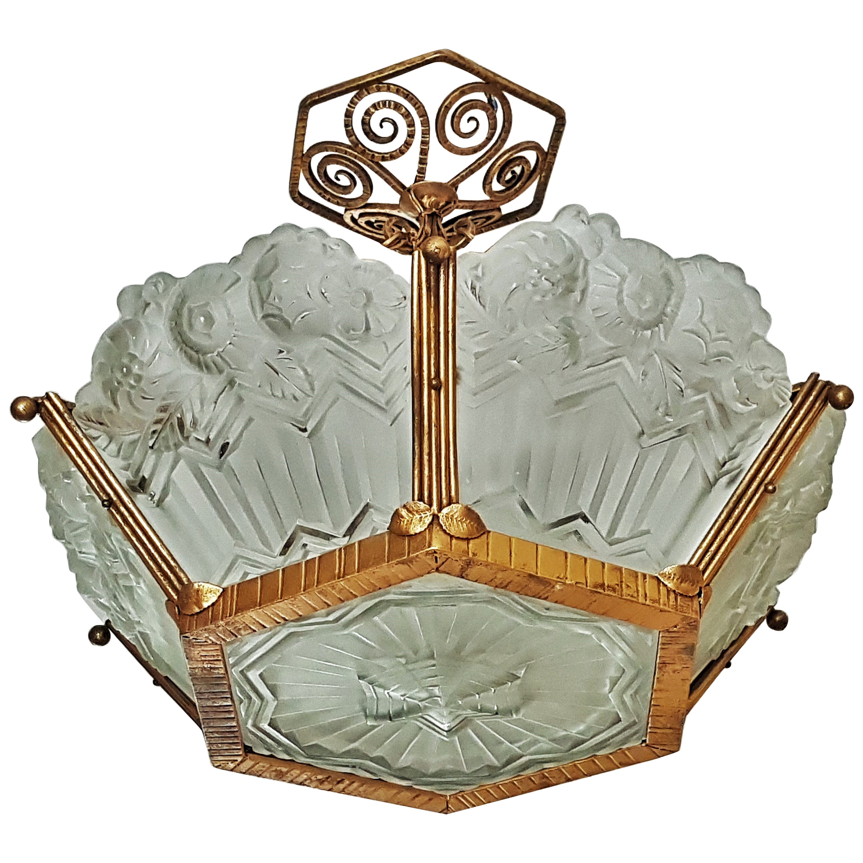 Lustre Art Déco en verre dépoli doré par Noverdy, France, 1935 en vente
