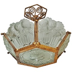 Lampadario Art Déco dorato con vetro smerigliato di Noverdy, Francia, 1935