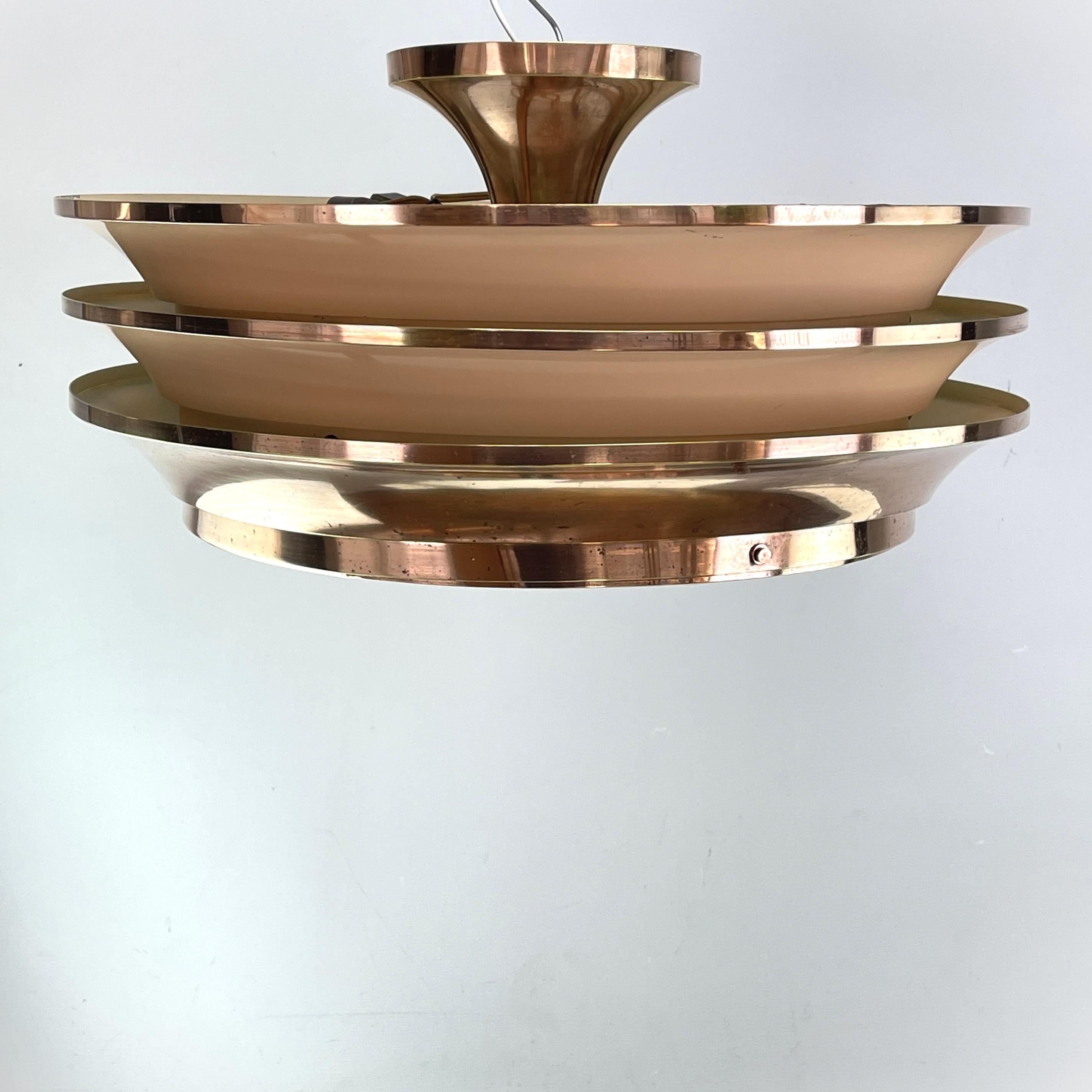 French Art Deco Chandelier hanging Georges Halais for Eloctra, copper, 1930s For Sale