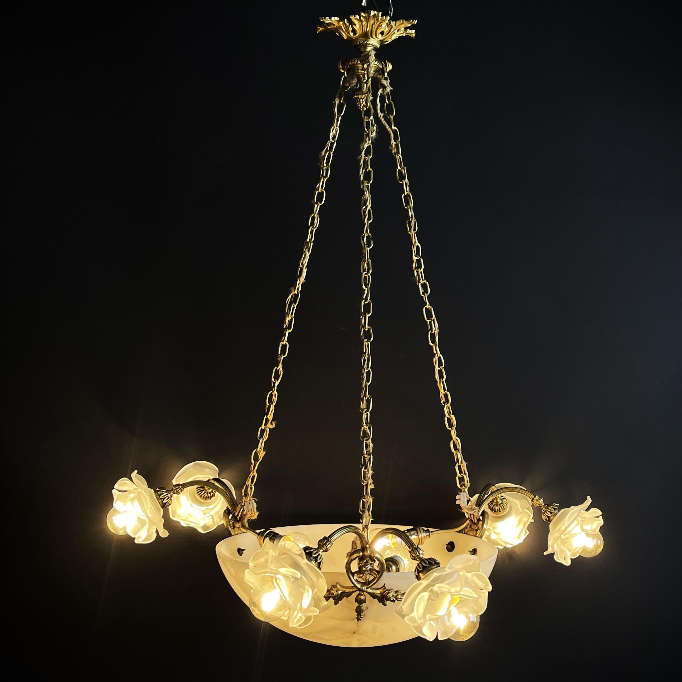 Art Deco Chandelier hanging lamp bronze lamp alabaster bowl, 1920s For Sale 4