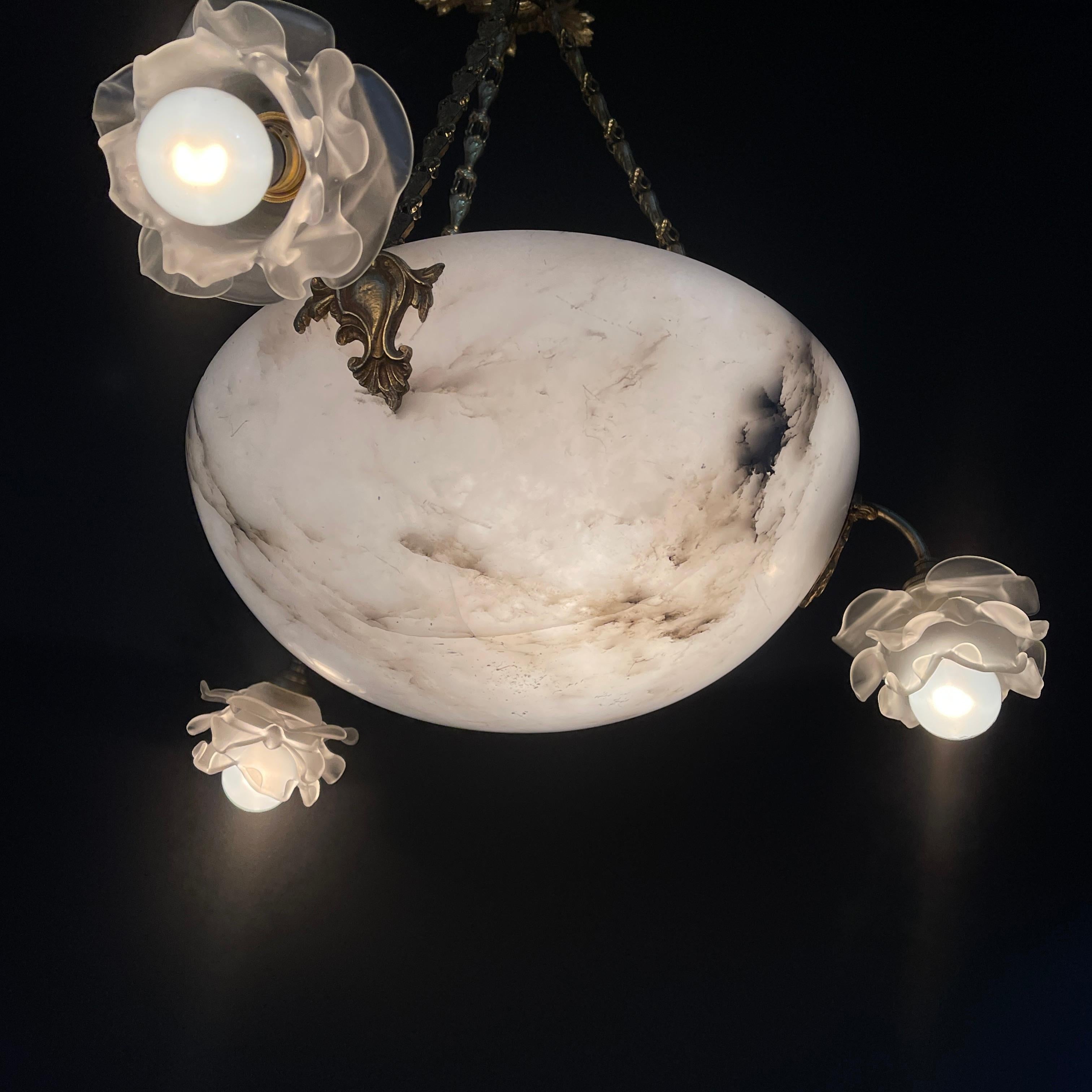 Lampe suspendue Art déco en bronze, bol d'albâtre, années 1920 en vente 4
