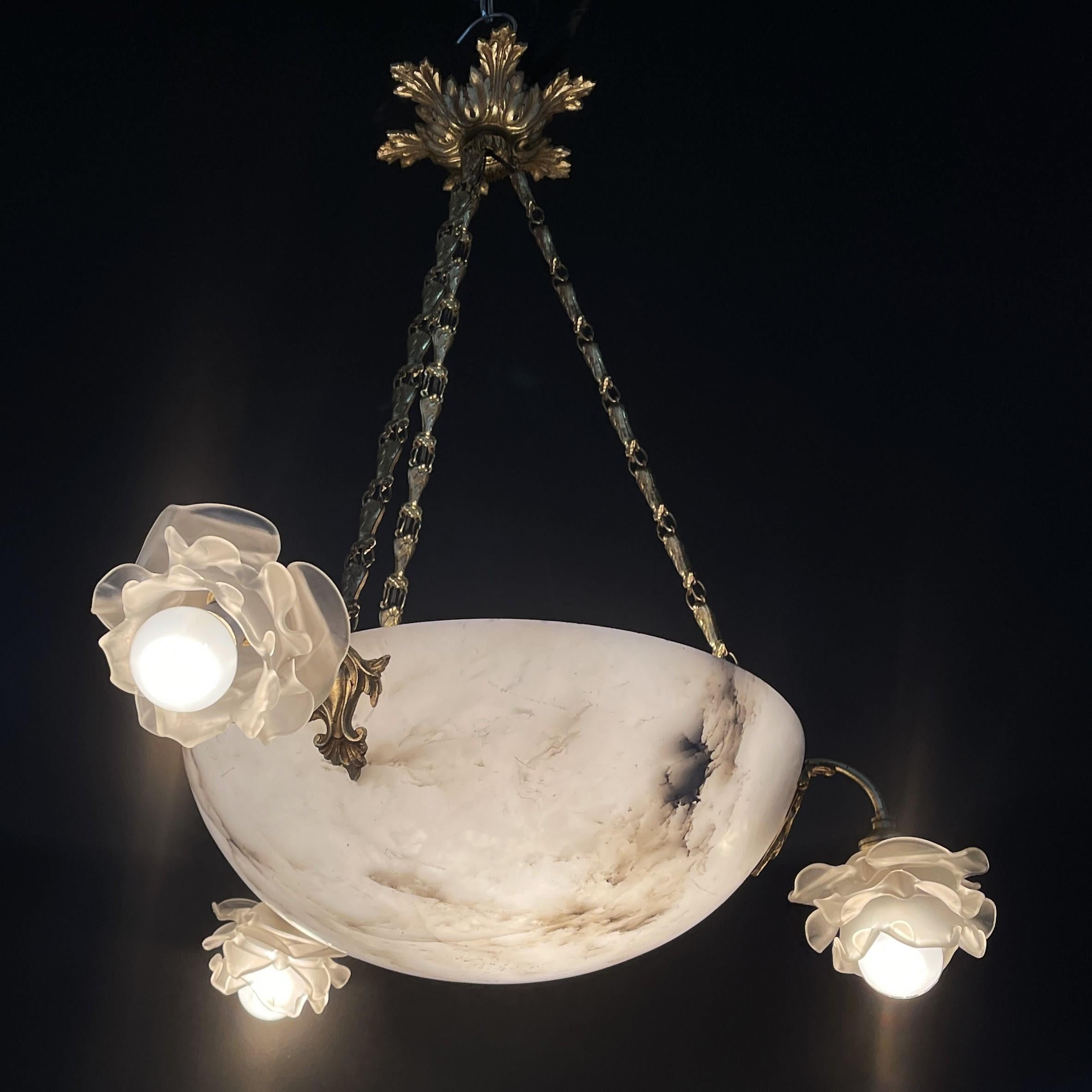 Art Deco Chandelier hanging lamp bronze lamp alabaster bowl, 1920s For Sale 5