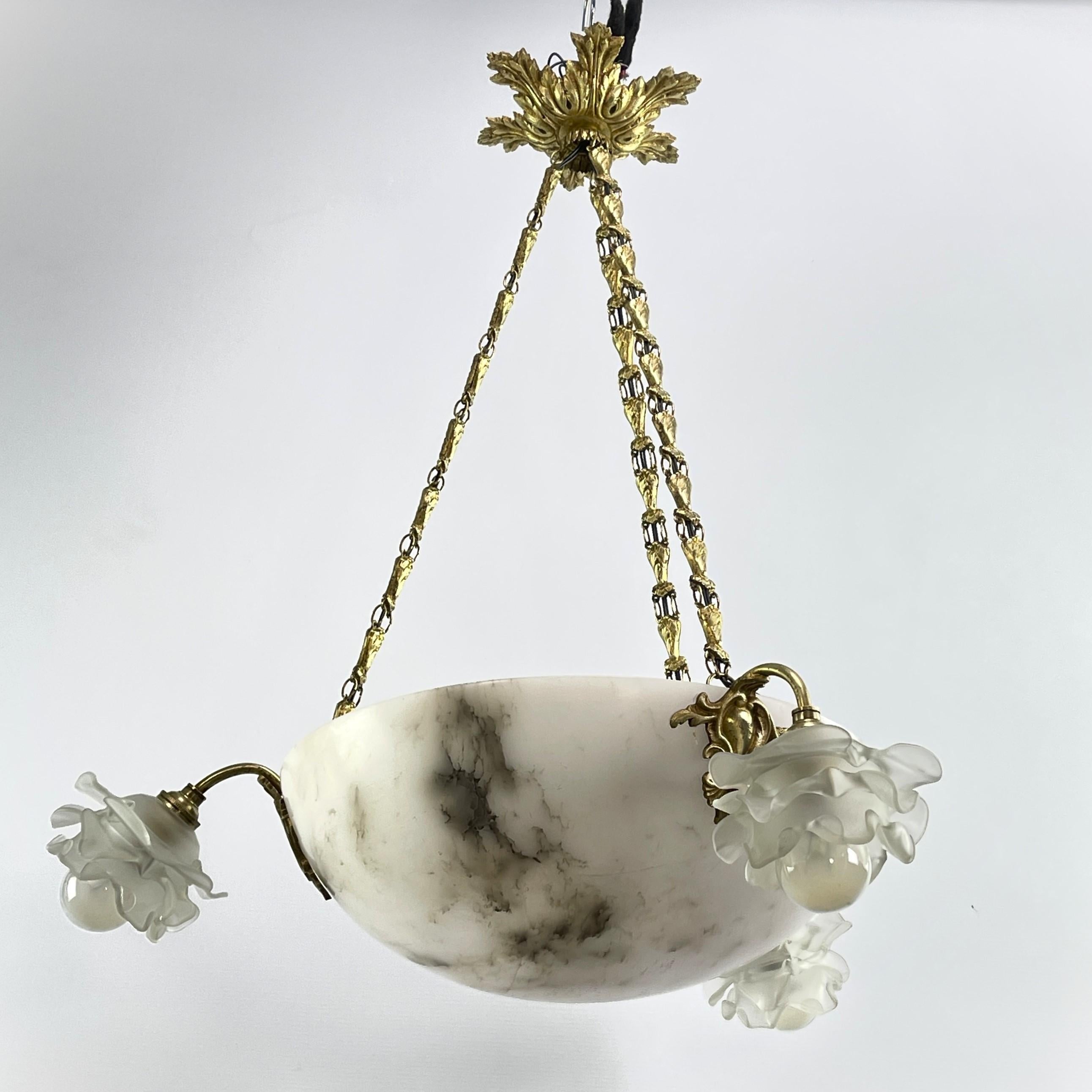 French Art Deco Chandelier hanging lamp bronze lamp alabaster bowl, 1920s For Sale