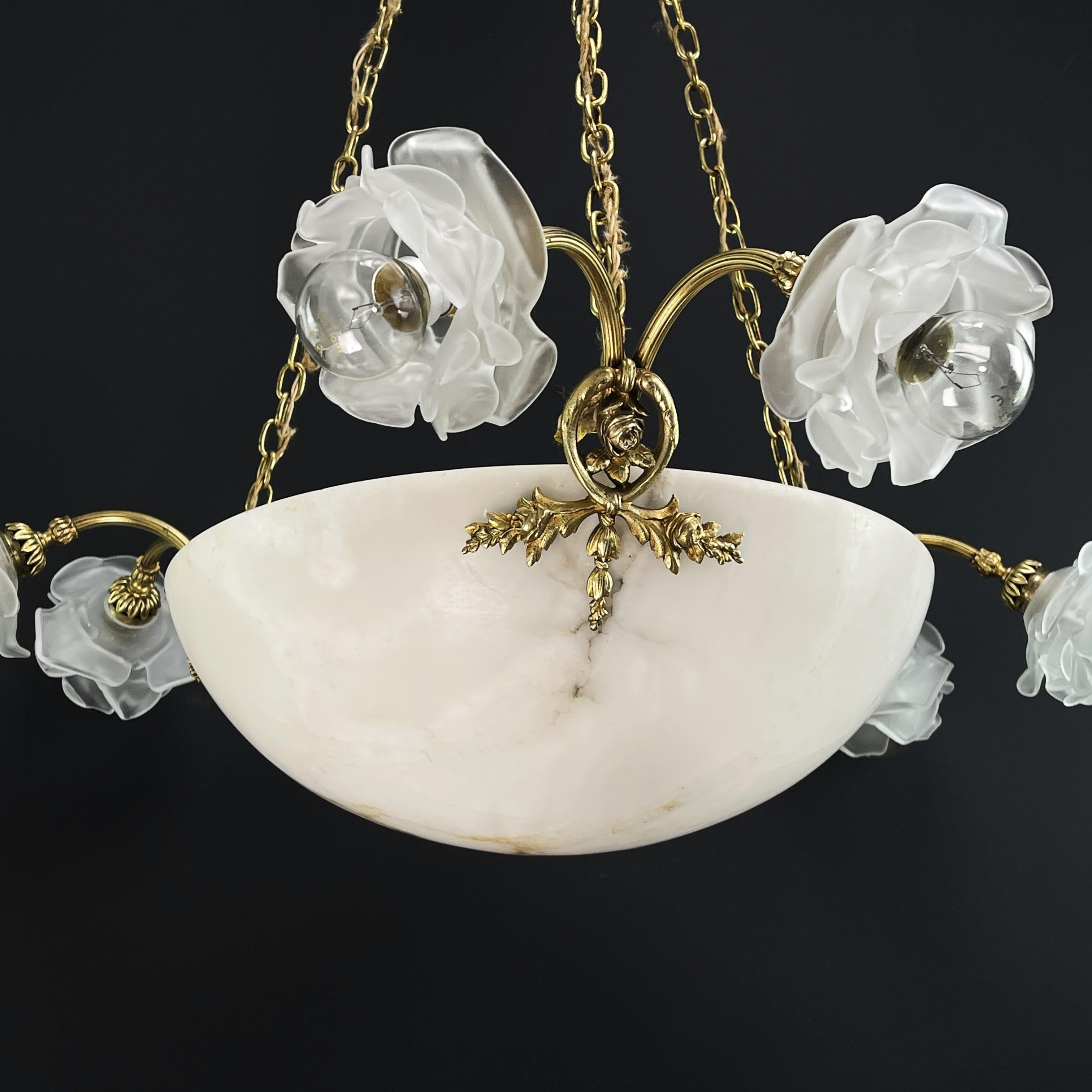 Glass Art Deco Chandelier hanging lamp bronze lamp alabaster bowl, 1920s For Sale