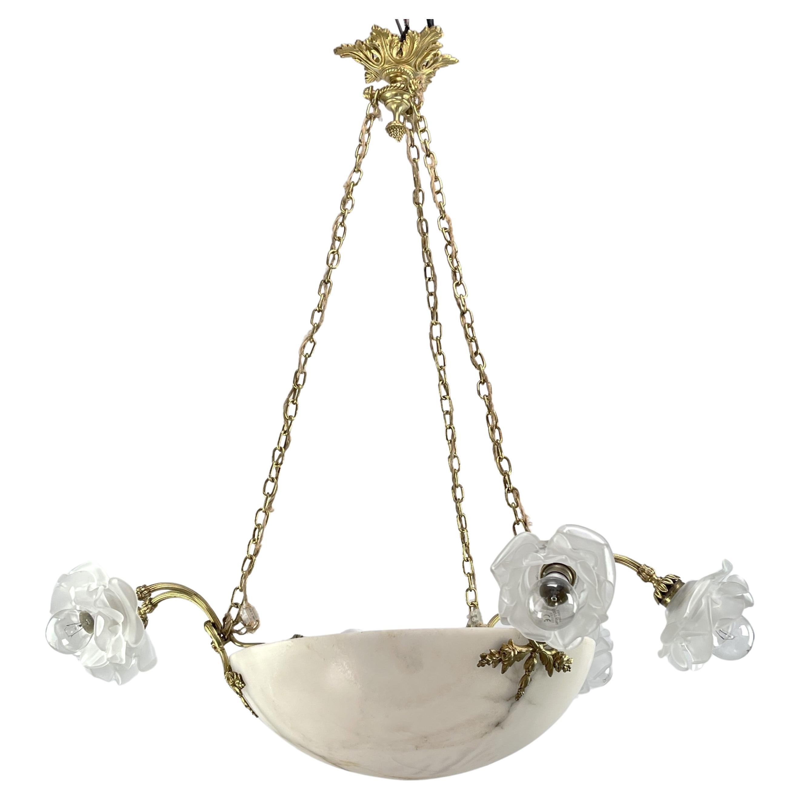 Art Deco Chandelier hanging lamp bronze lamp alabaster bowl, 1920s For Sale