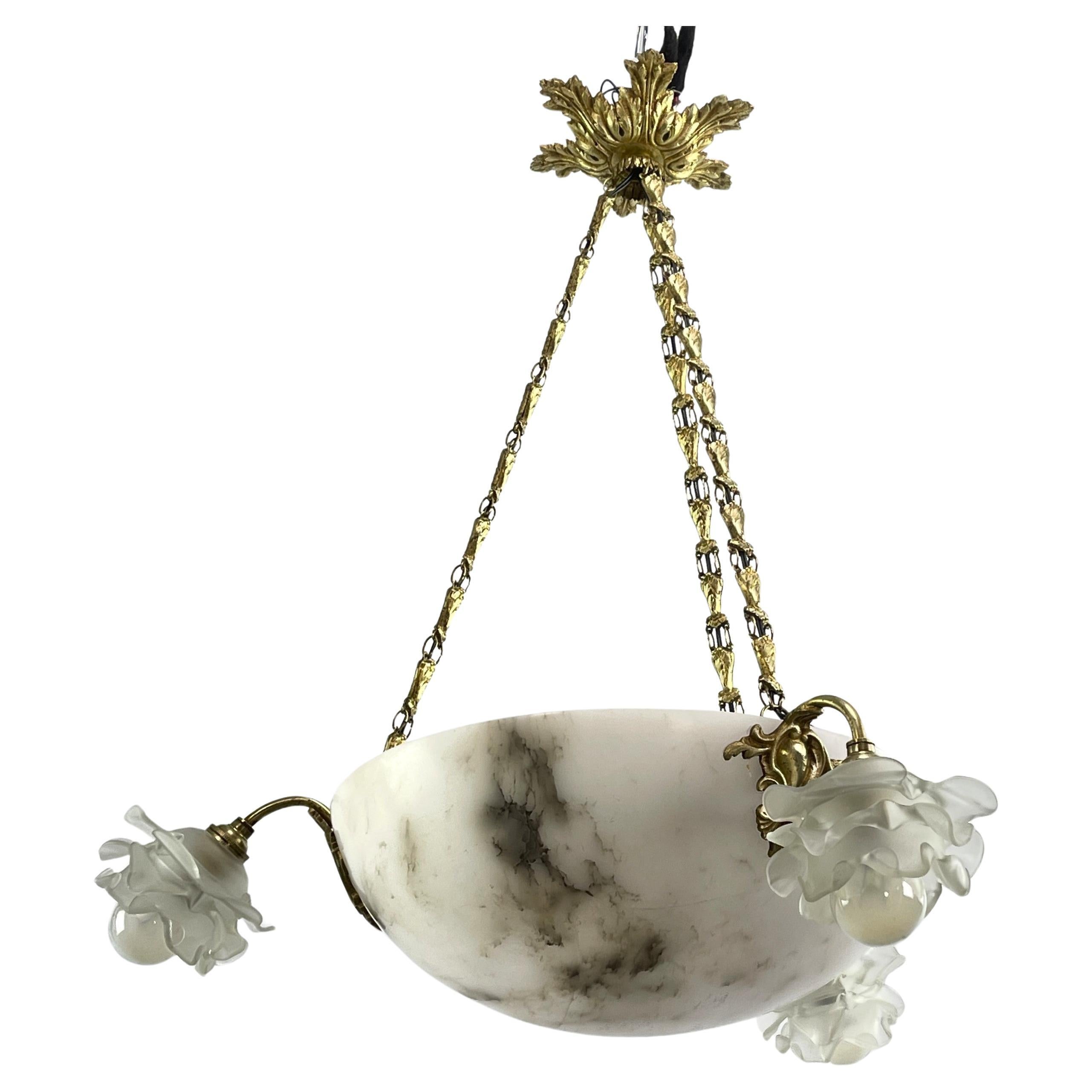 Art Deco Chandelier hanging lamp bronze lamp alabaster bowl, 1920s For Sale