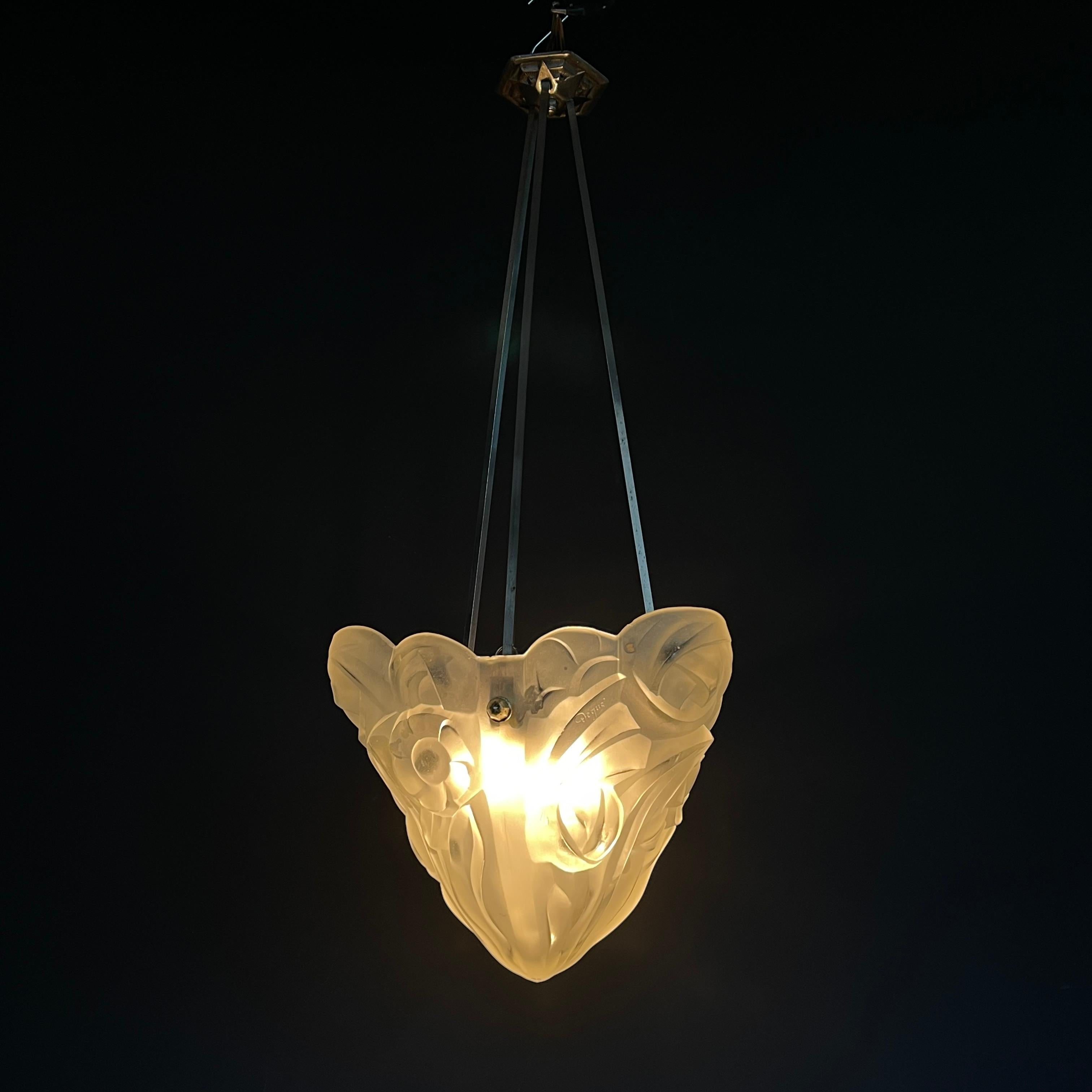 Art Deco Chandelier Hanging Lamp by Dégue, 1930s For Sale 5