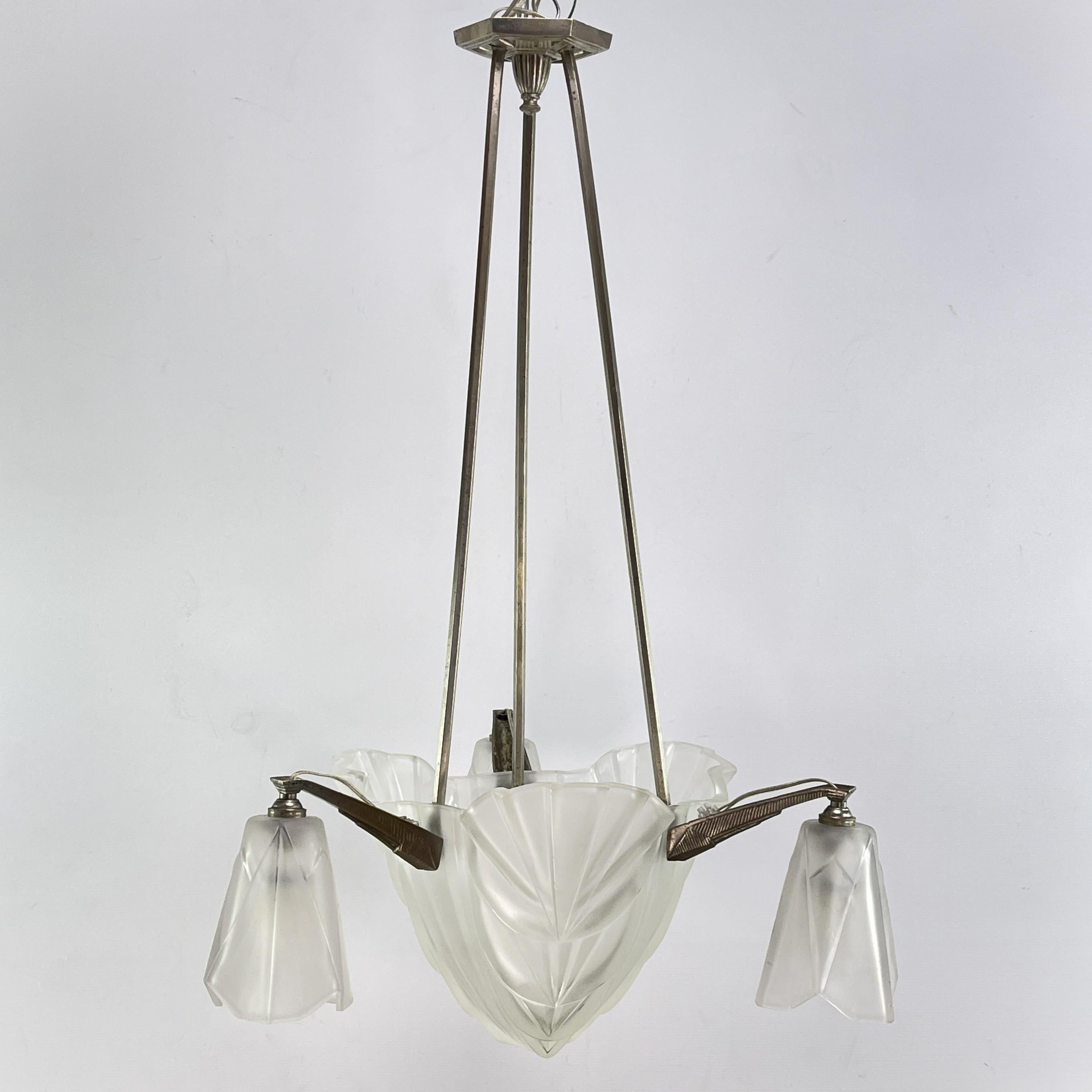 Art Deco Chandelier Hanging Lamp by Dégue, 1930s 7