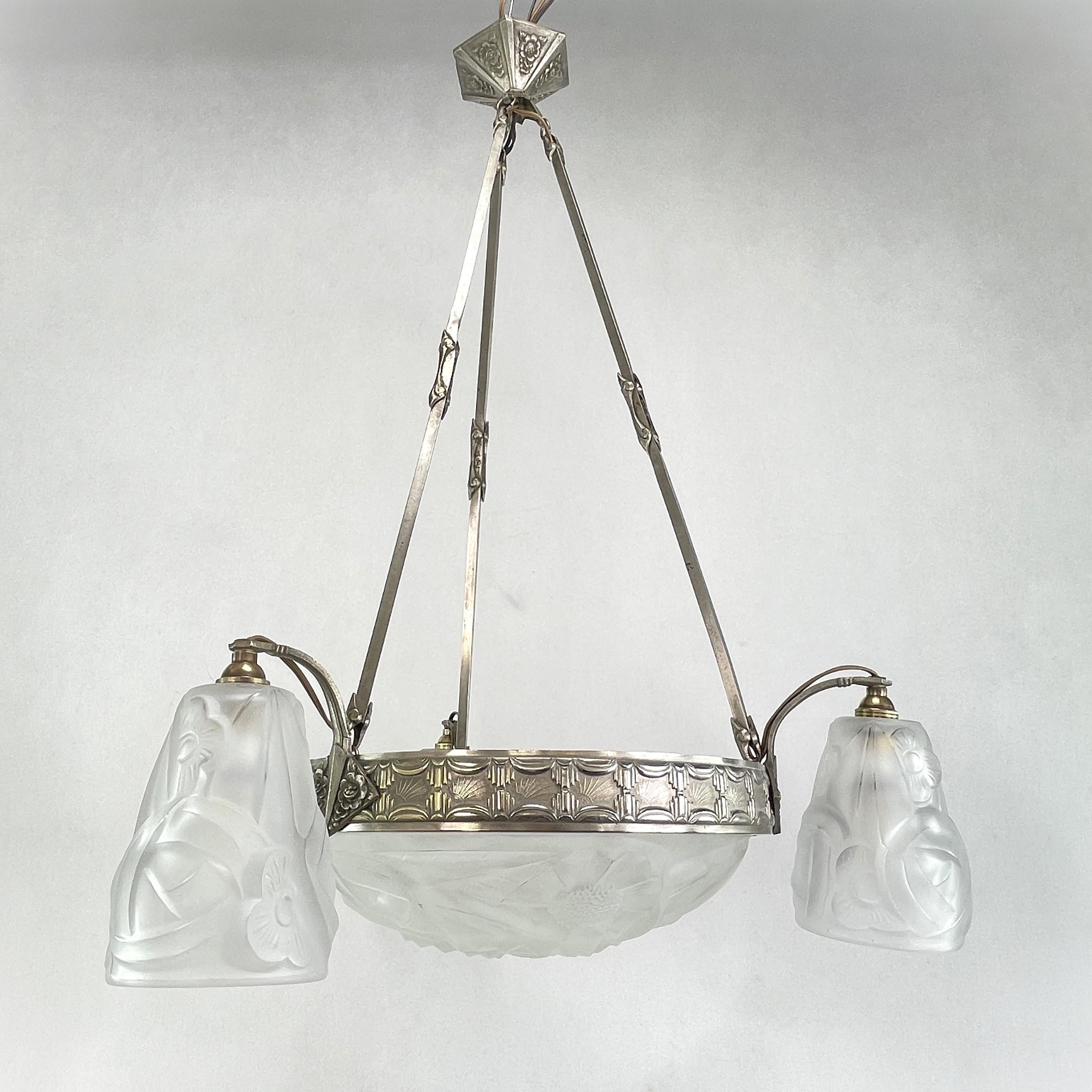 French Art Deco Chandelier Hanging Lamp by Dégue, 1930s