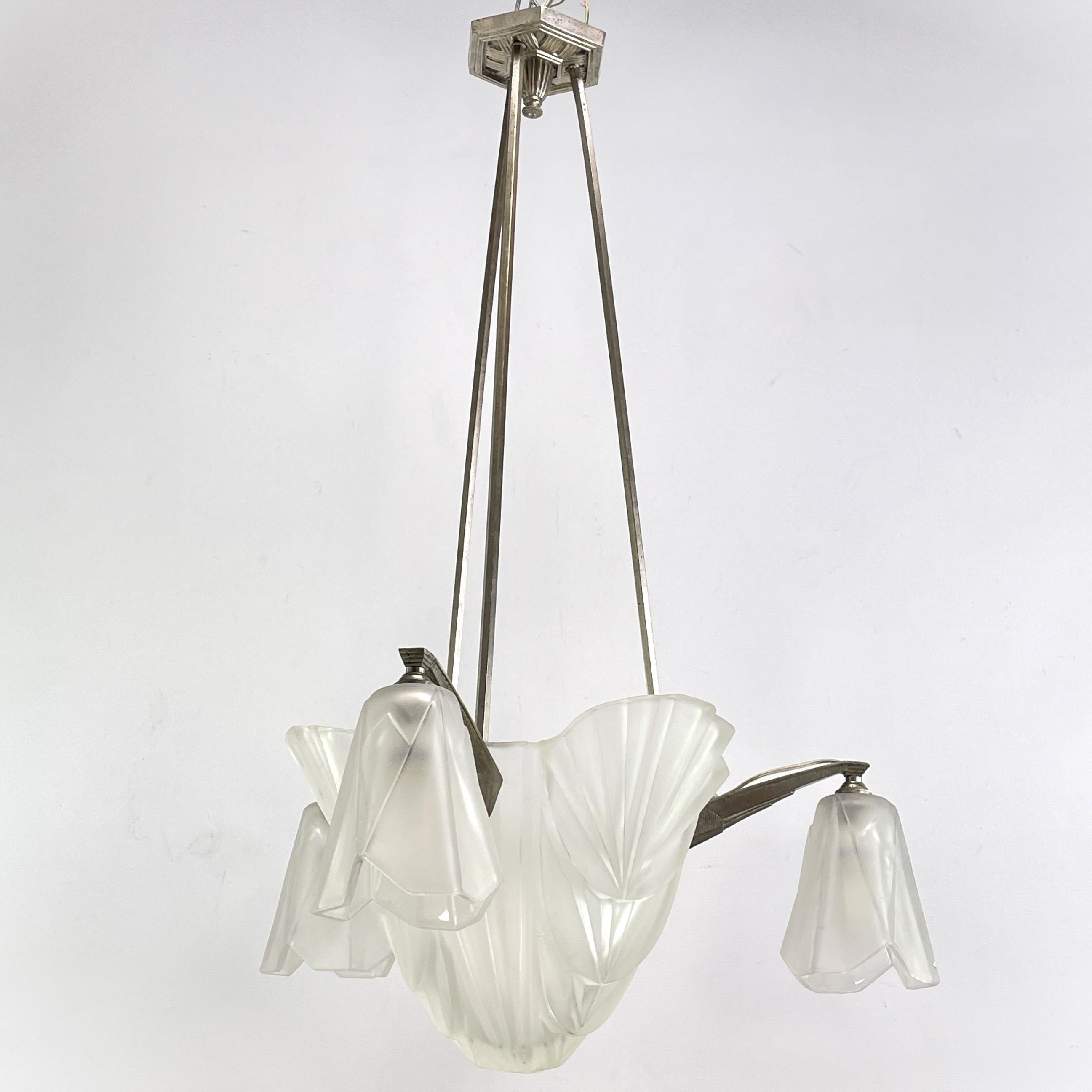 French Art Deco Chandelier Hanging Lamp by Dégue, 1930s