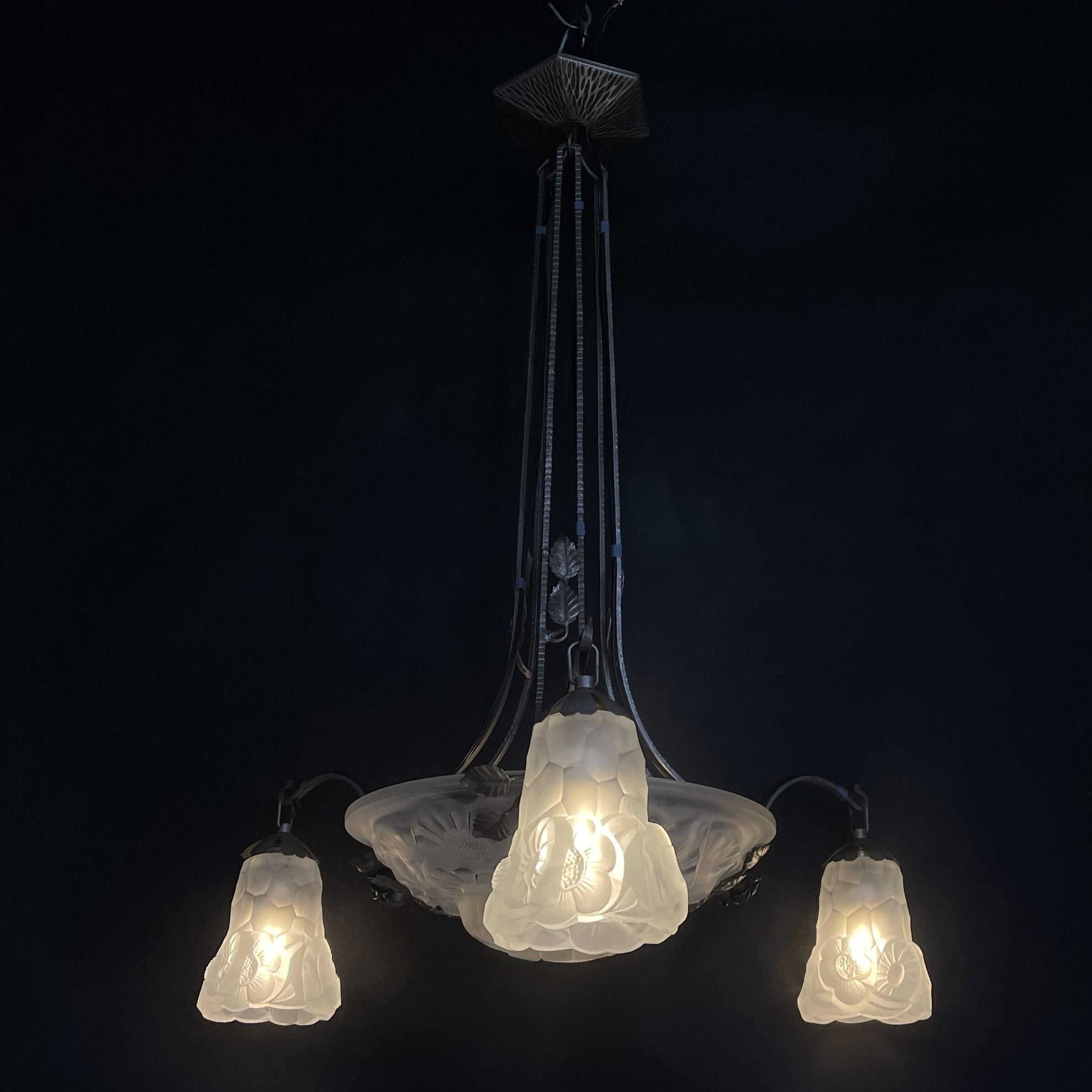 Metal Art Deco Chandelier Hanging Lamp by Dégue, 1930s