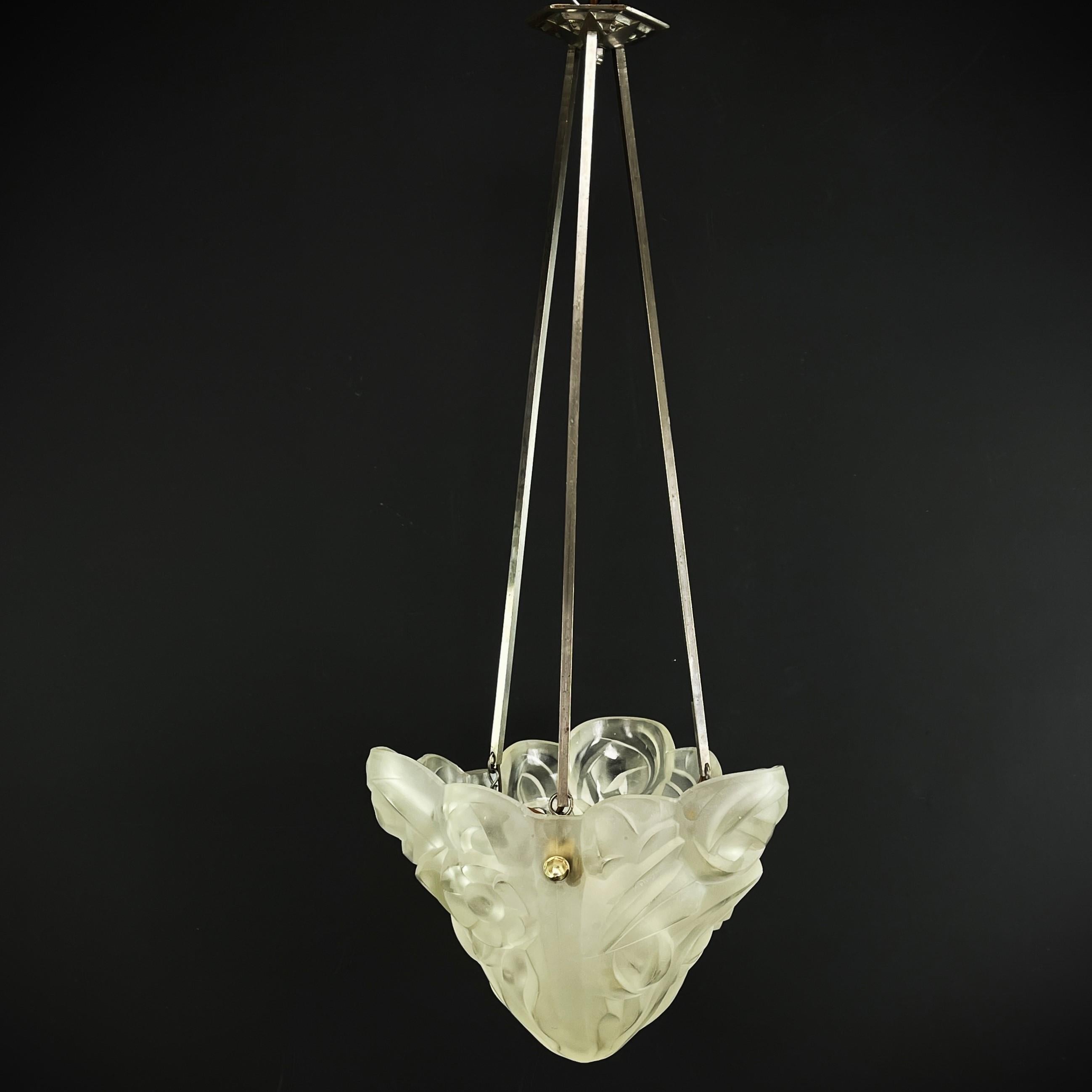 Metal Art Deco Chandelier Hanging Lamp by Dégue, 1930s For Sale