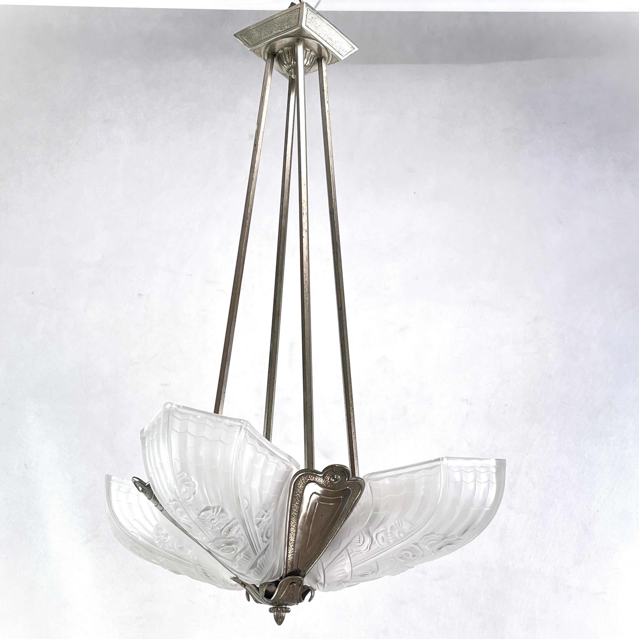 20th Century Art Deco Chandelier Hanging Lamp by Jean Gauthier for J. Robert Paris, 1930s