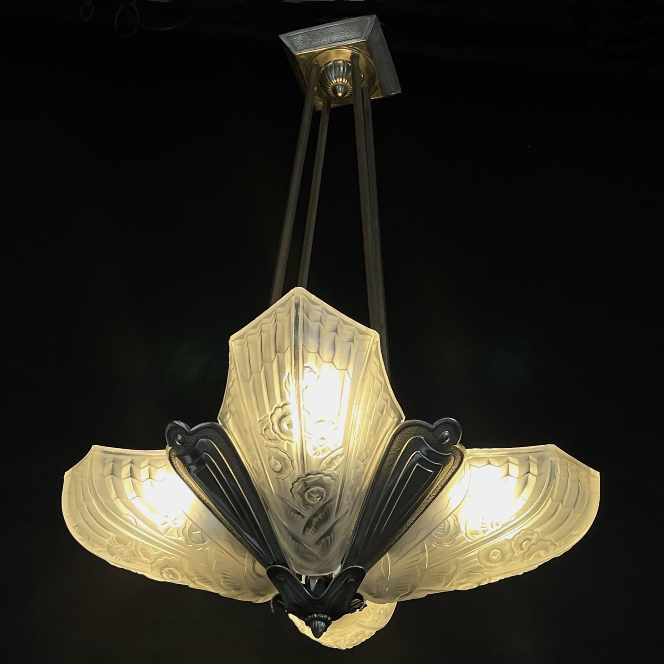 Metal Art Deco Chandelier Hanging Lamp by Jean Gauthier for J. Robert Paris, 1930s