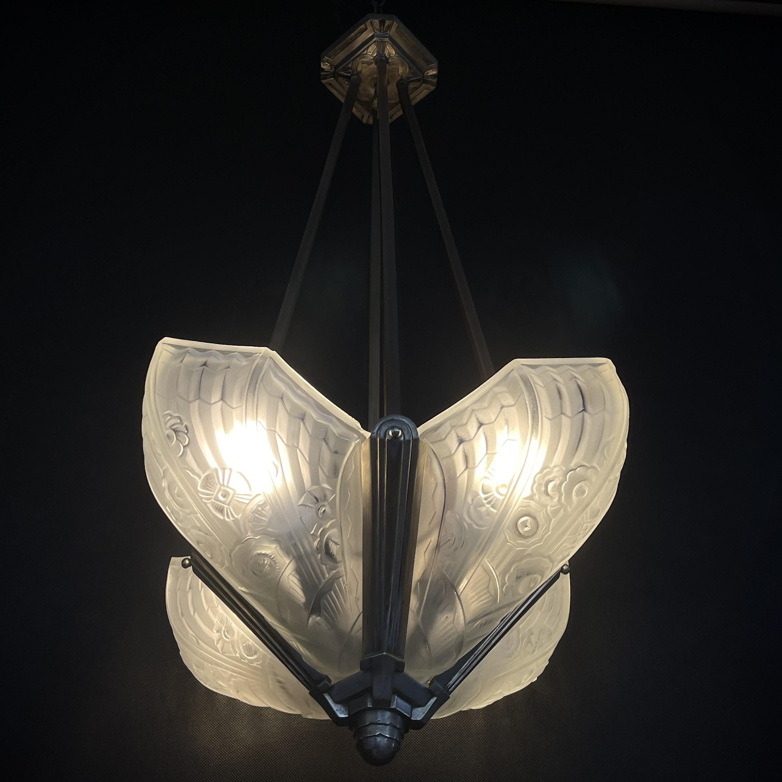 Metal Art Deco Chandelier Hanging Lamp by Jean Gauthier for J. Robert Paris, 1930s For Sale