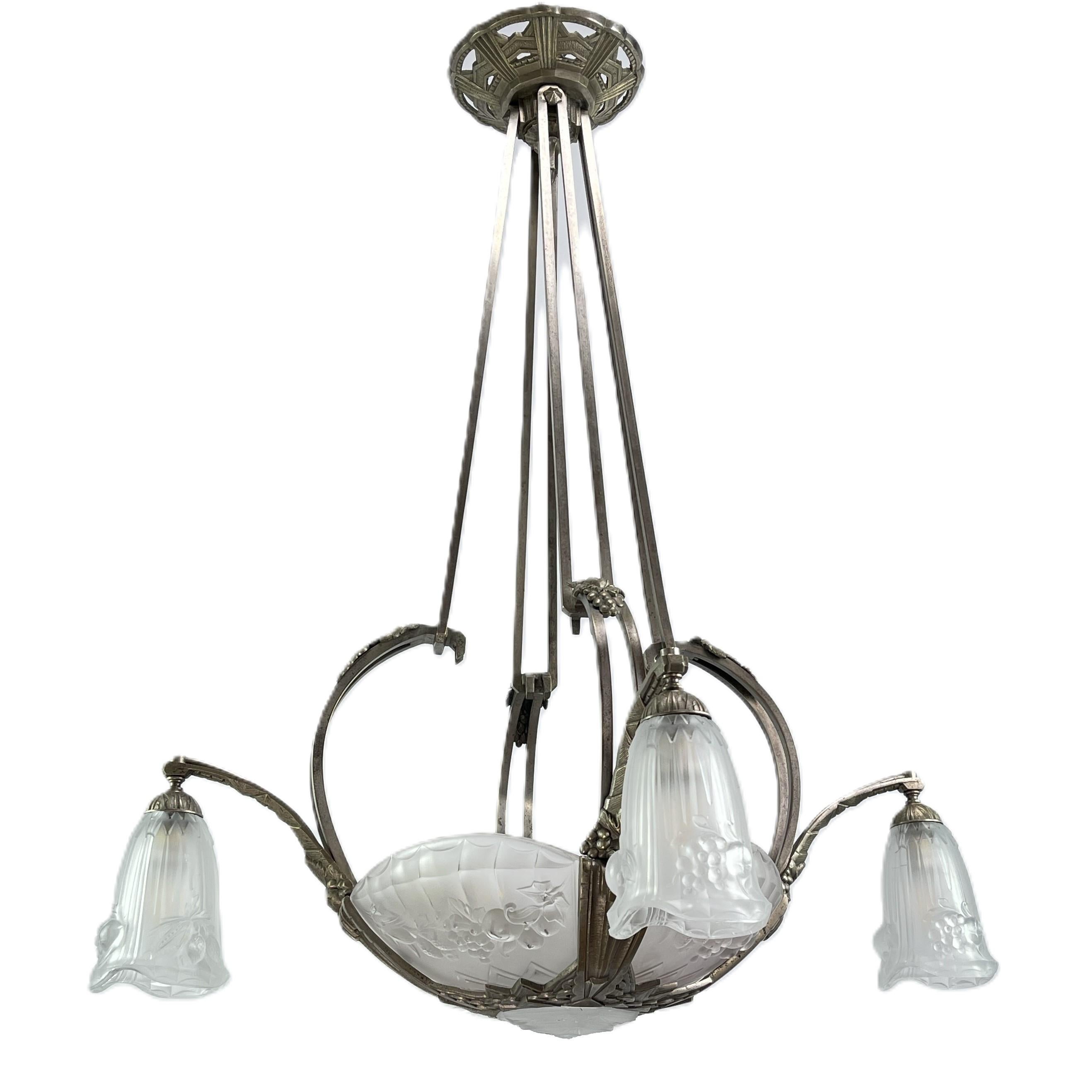 French Art Deco Chandelier Hanging Lamp by P. Gilles France, 1920s For Sale