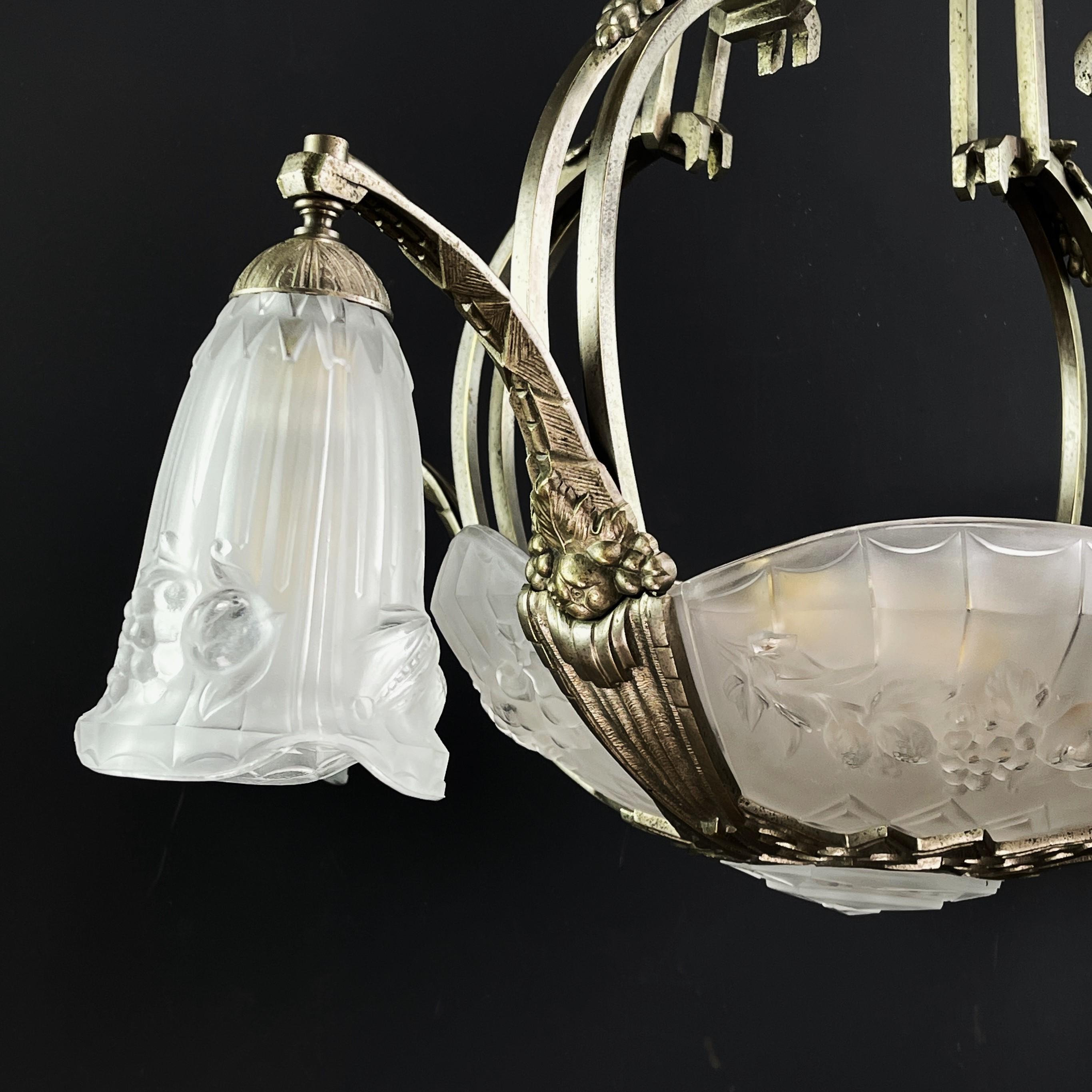 Metal Art Deco Chandelier Hanging Lamp by P. Gilles France, 1920s For Sale