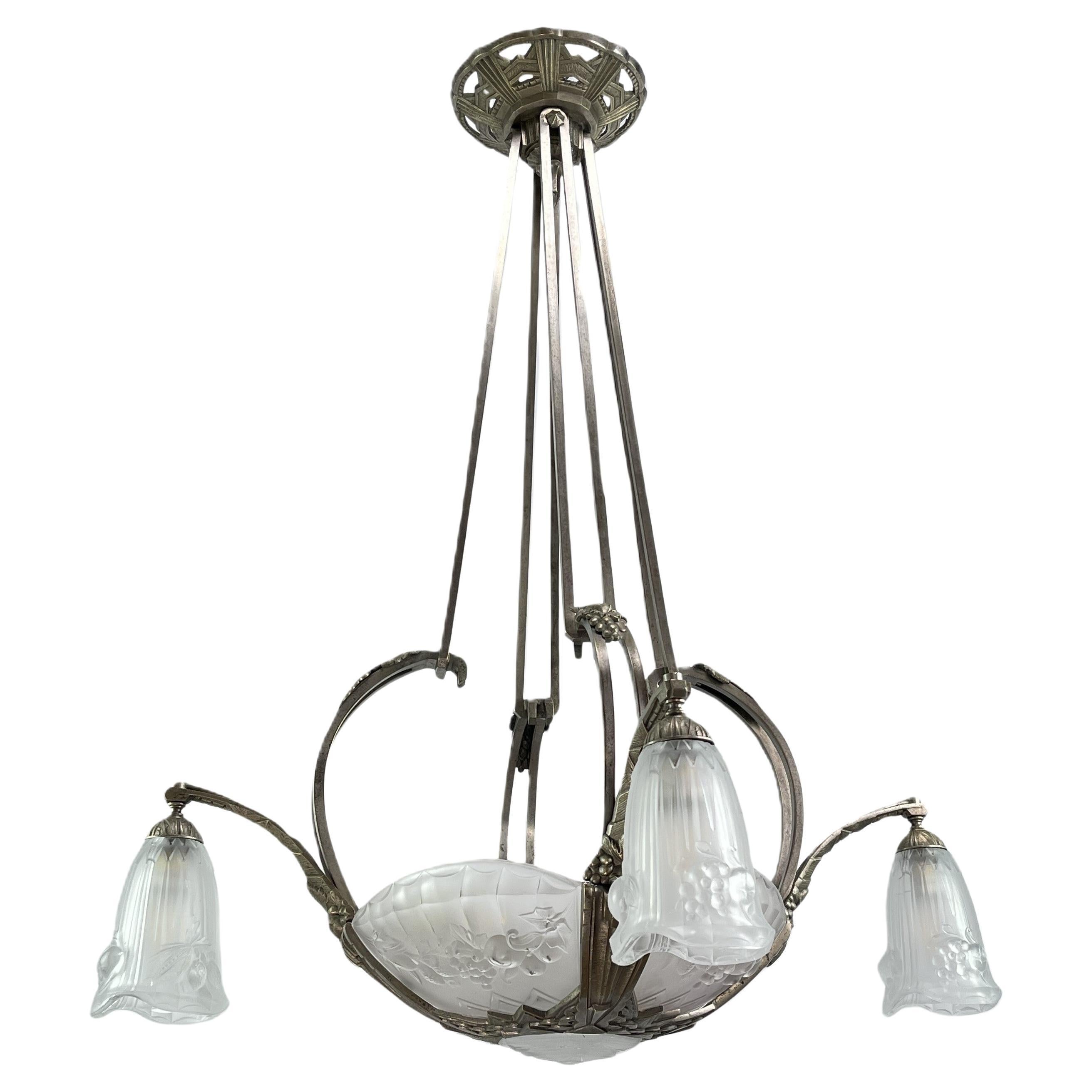 Art Deco Chandelier Hanging Lamp by P. Gilles France, 1920s For Sale