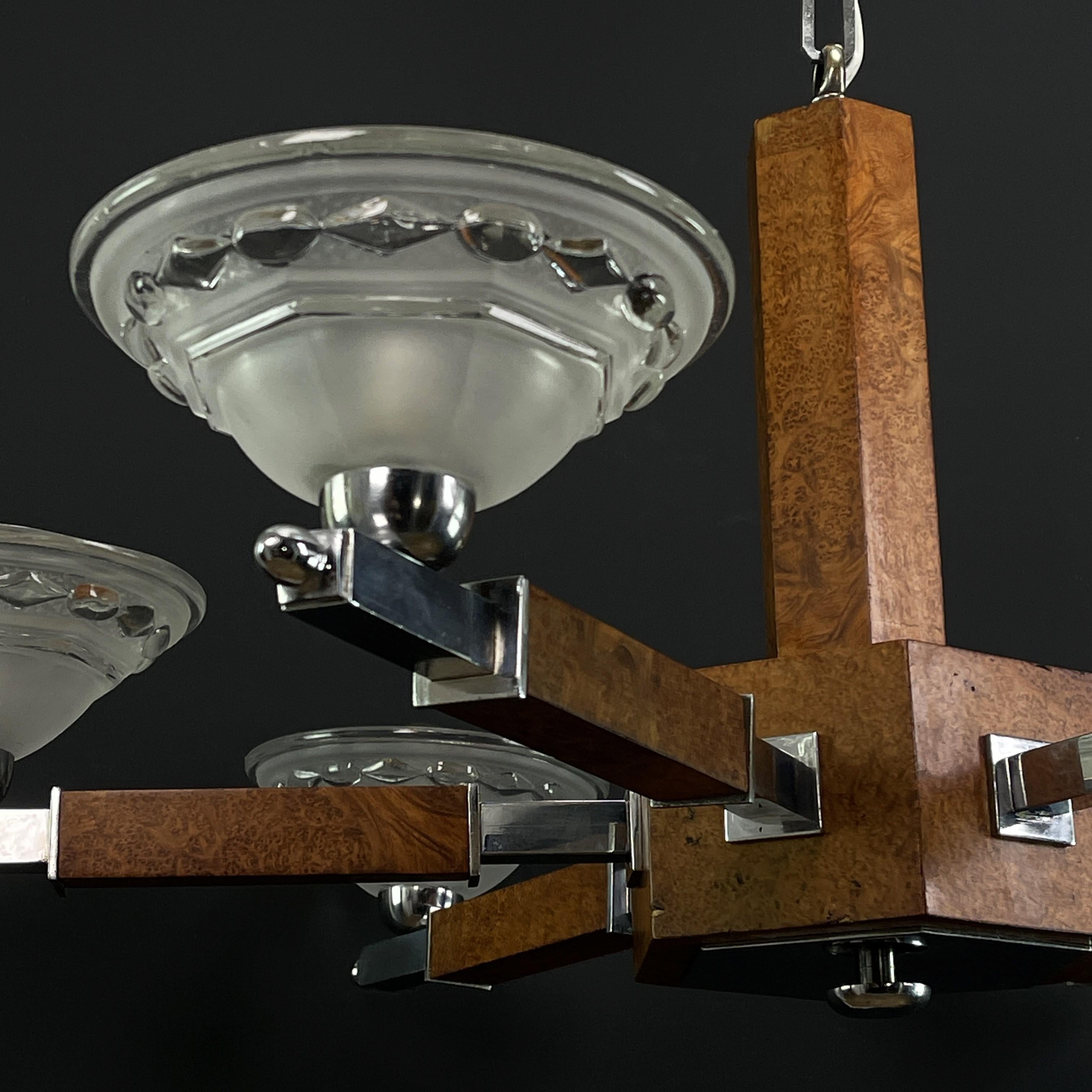 Art Deco chandelier hanging lamp ceiling lamp wood chrome lamp, 1930s For Sale 5