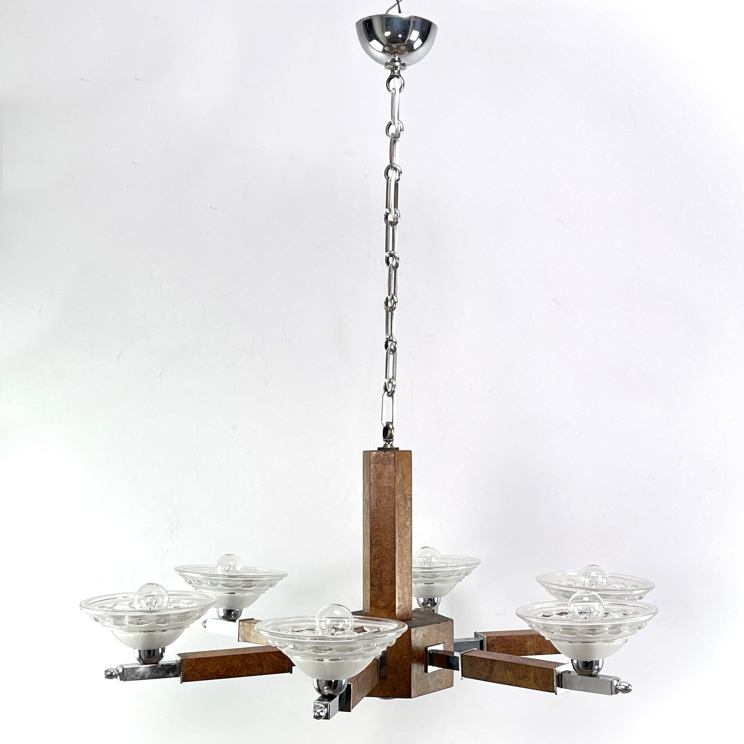 French Art Deco chandelier hanging lamp ceiling lamp wood chrome lamp, 1930s For Sale