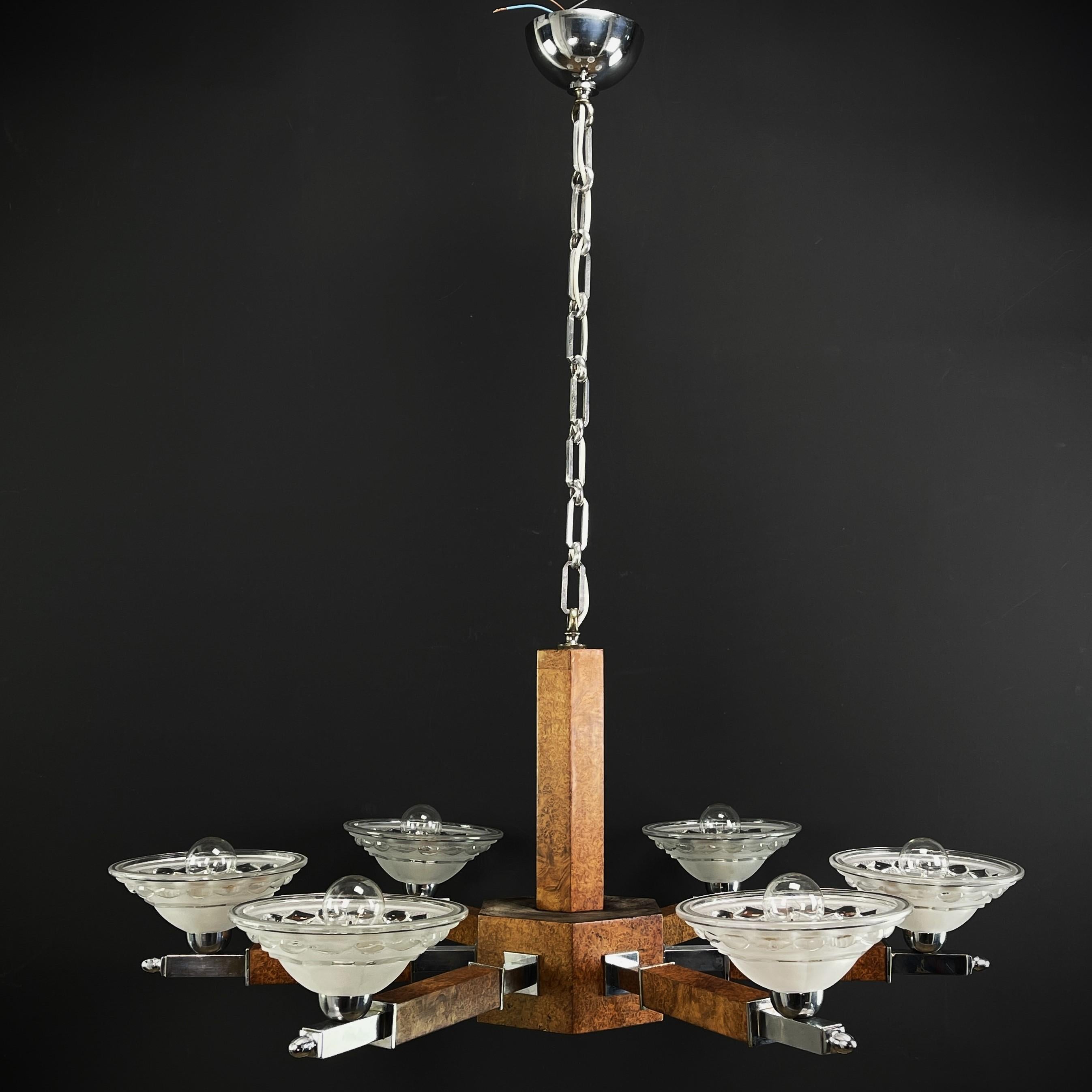 Art Deco chandelier hanging lamp ceiling lamp wood chrome lamp, 1930s In Good Condition For Sale In Saarburg, RP