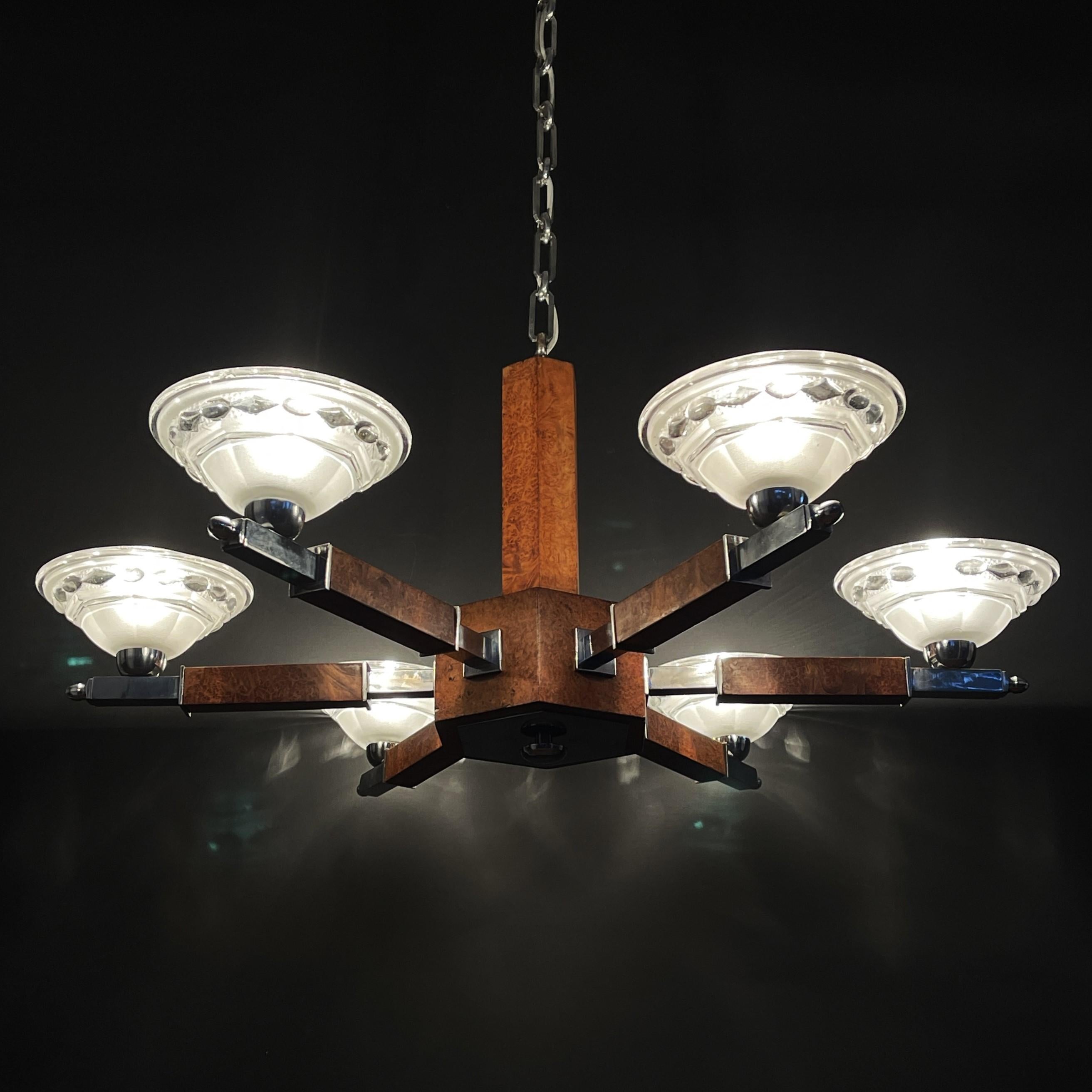 Glass Art Deco chandelier hanging lamp ceiling lamp wood chrome lamp, 1930s For Sale