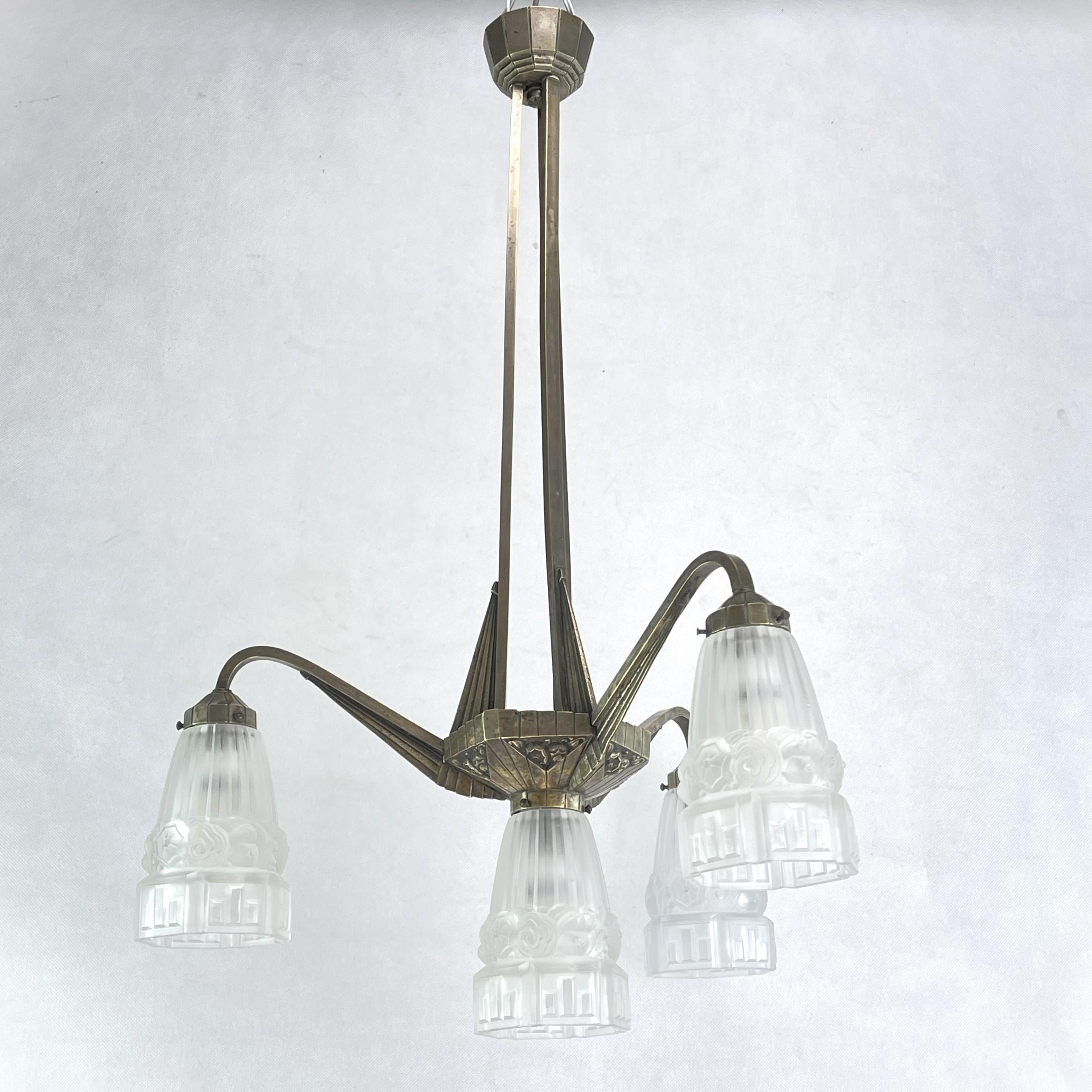 French Art Deco Chandelier Hanging Lamp nickel-plated 1930s For Sale