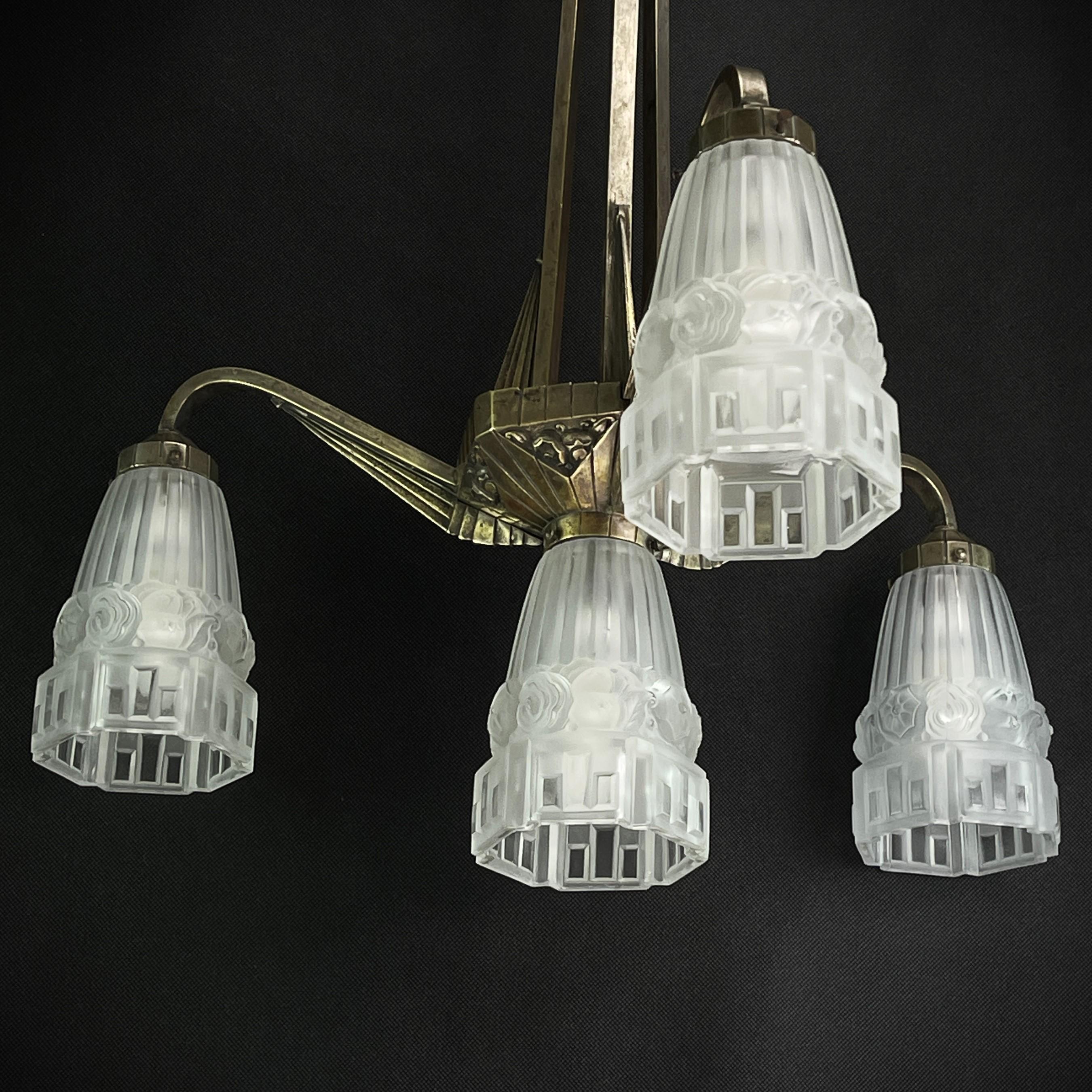 Art Deco Chandelier Hanging Lamp nickel-plated 1930s In Fair Condition For Sale In Saarburg, RP
