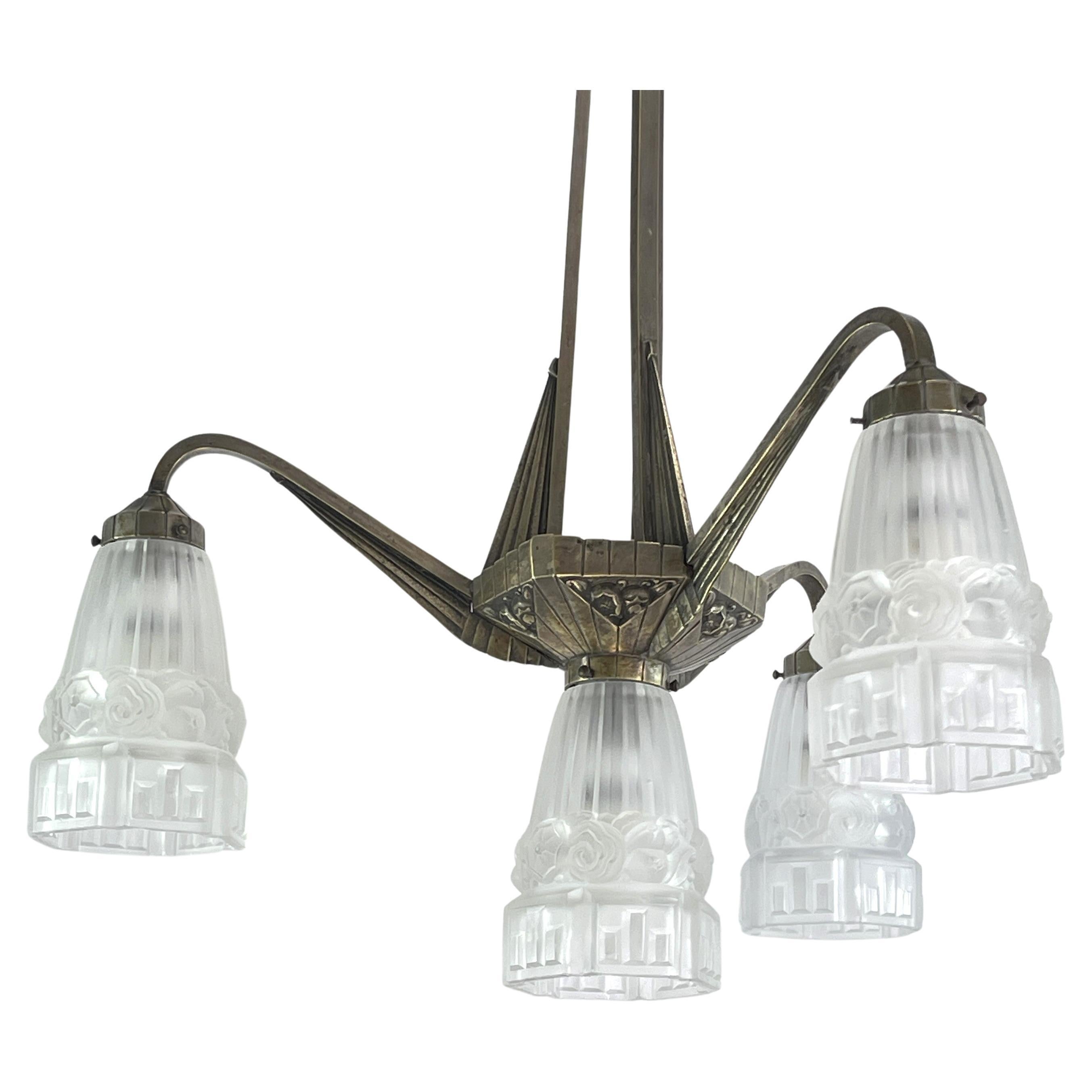 Art Deco Chandelier Hanging Lamp nickel-plated 1930s For Sale