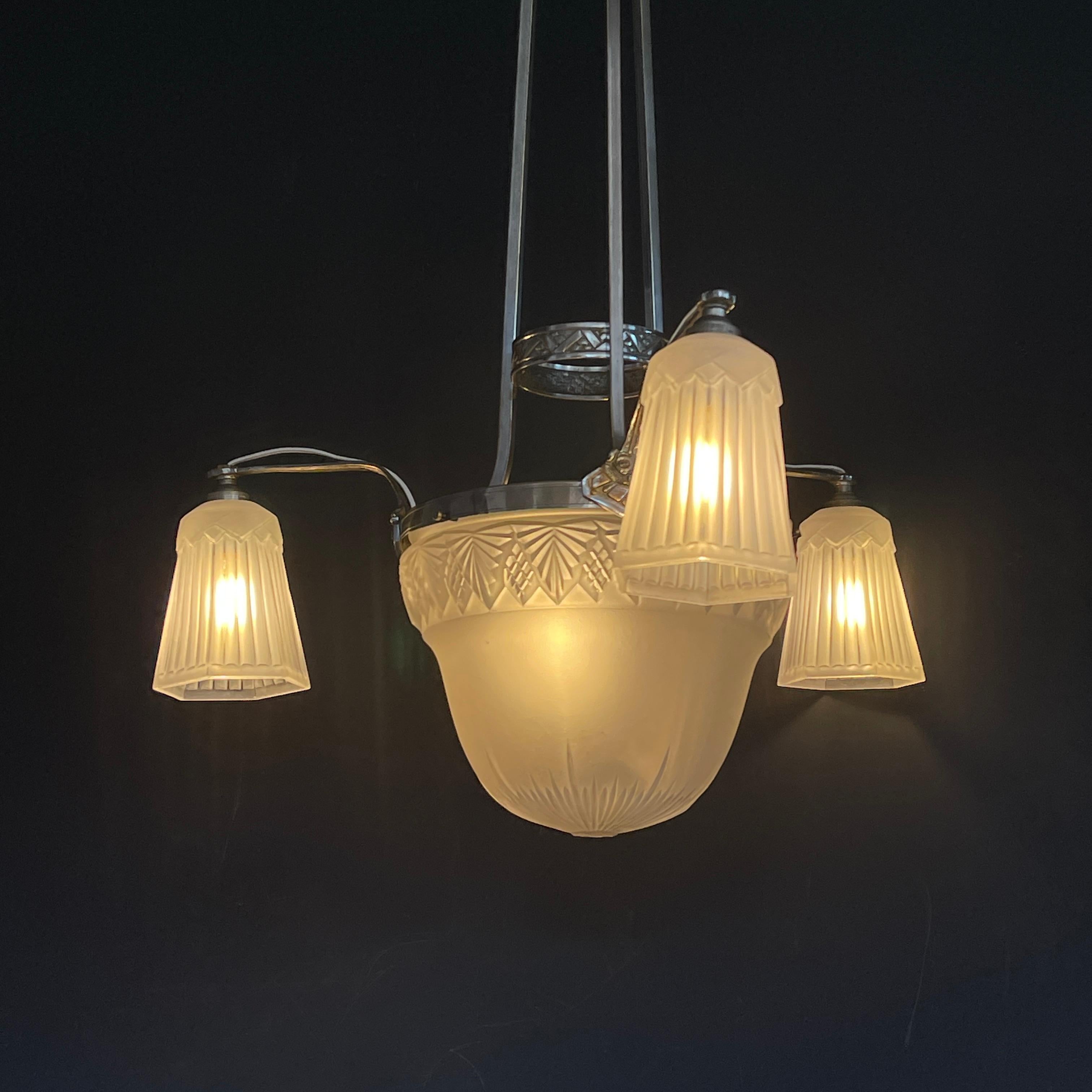 French ART DECO chandelier hanging lamp nickel-plated ceiling lamp, 1920s