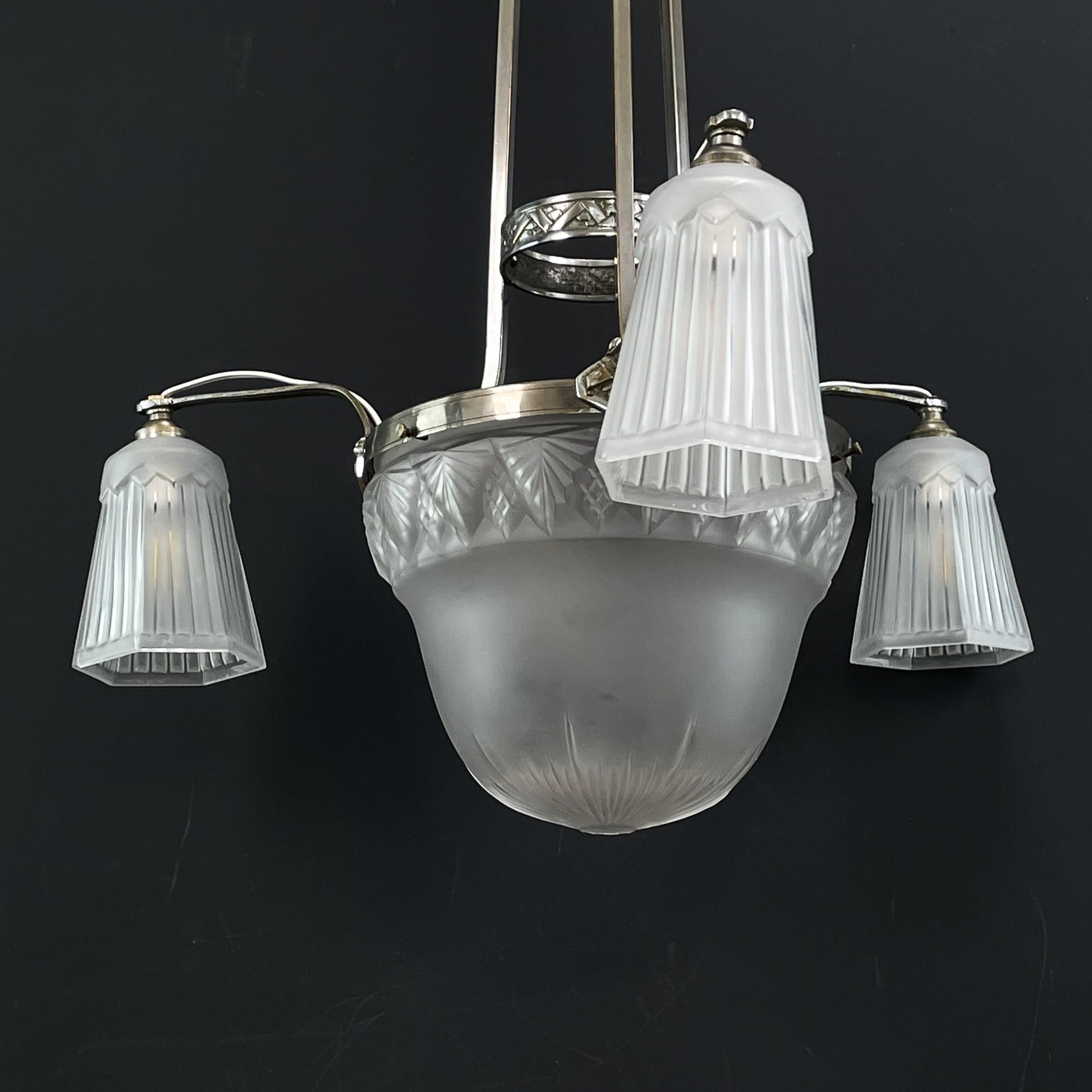 Early 20th Century ART DECO chandelier hanging lamp nickel-plated ceiling lamp, 1920s