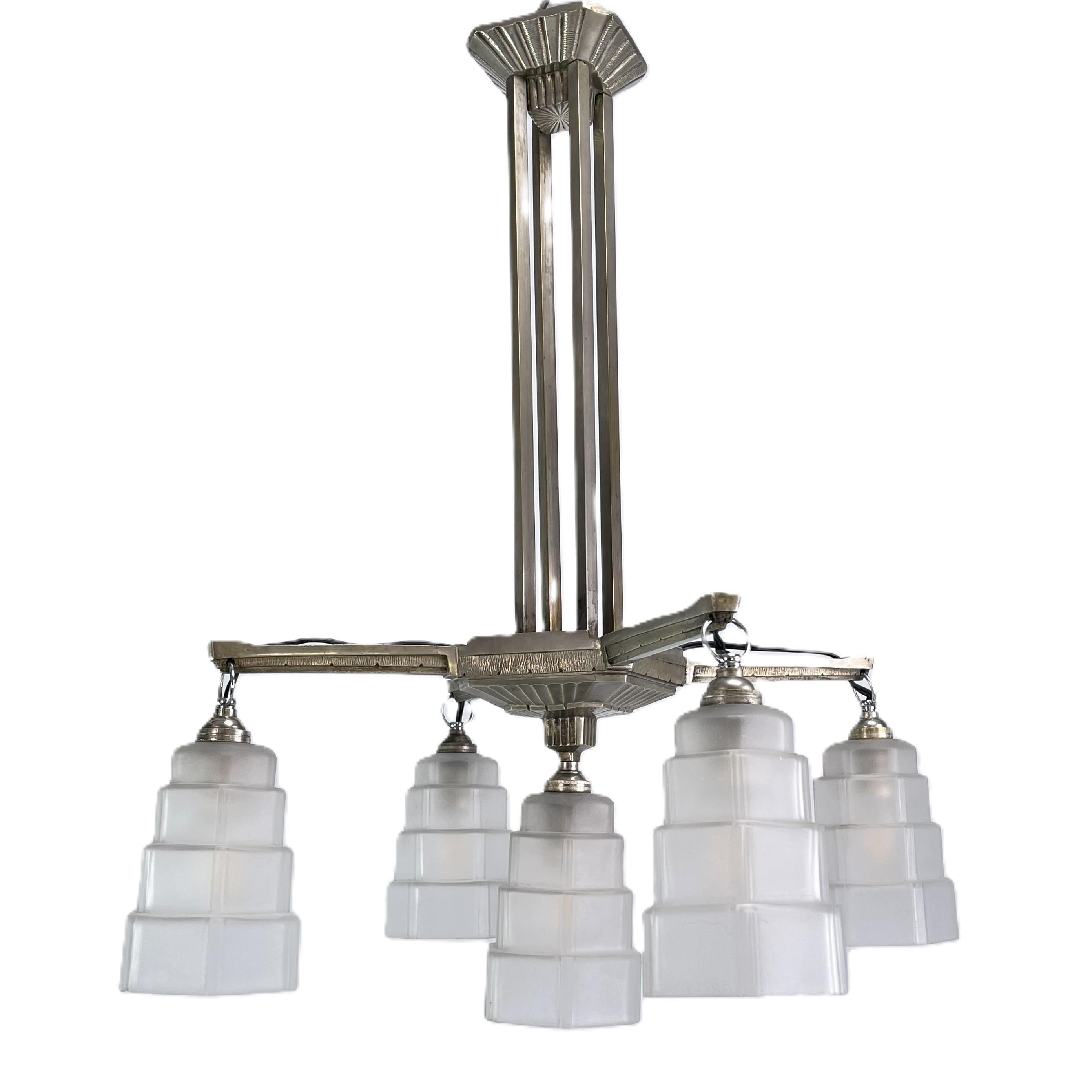 Art Deco ART DECO chandelier hanging lamp nickel-plated Skyscraper ceiling lamp, 1920s For Sale