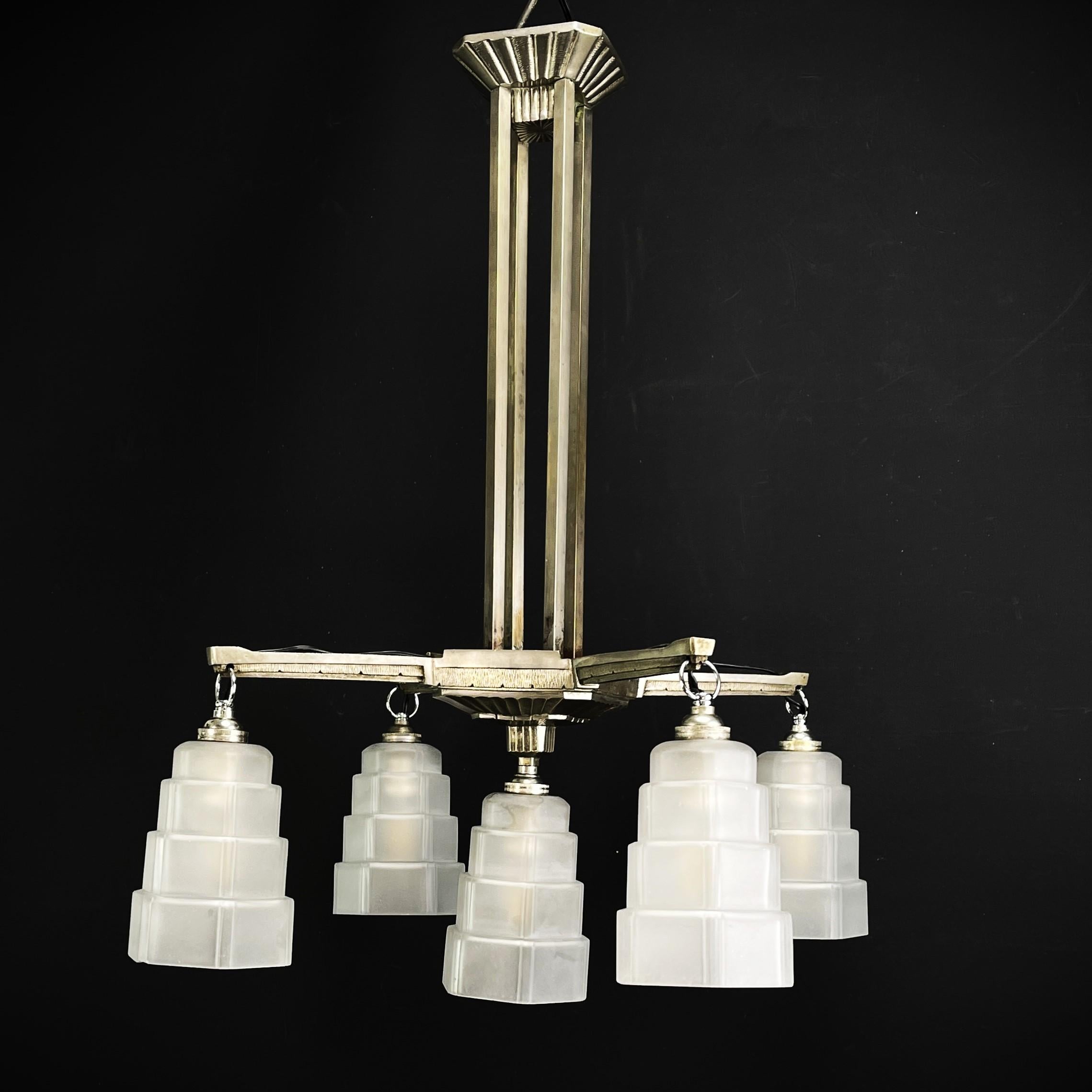 French ART DECO chandelier hanging lamp nickel-plated Skyscraper ceiling lamp, 1920s For Sale