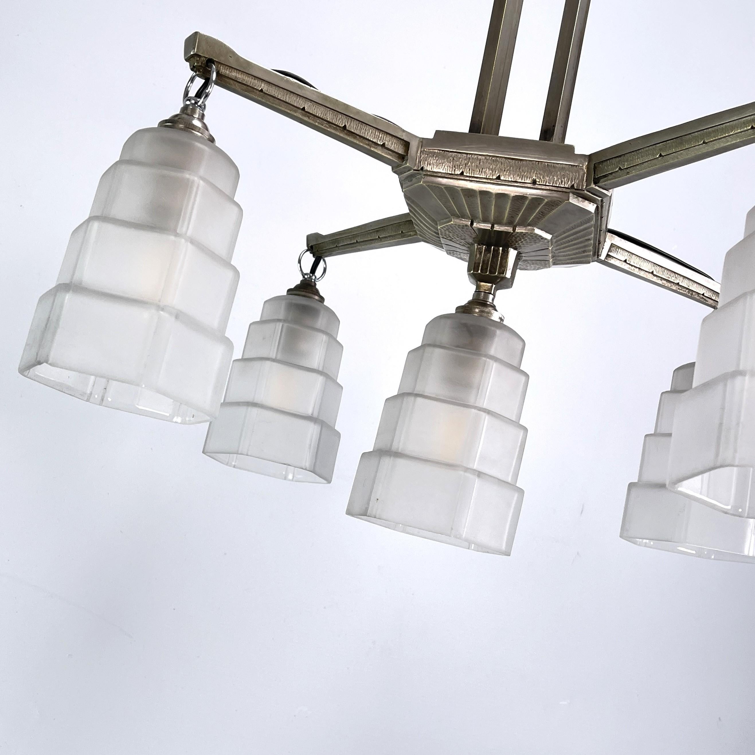 ART DECO chandelier hanging lamp nickel-plated Skyscraper ceiling lamp, 1920s In Good Condition For Sale In Bingen am Rhein, RP
