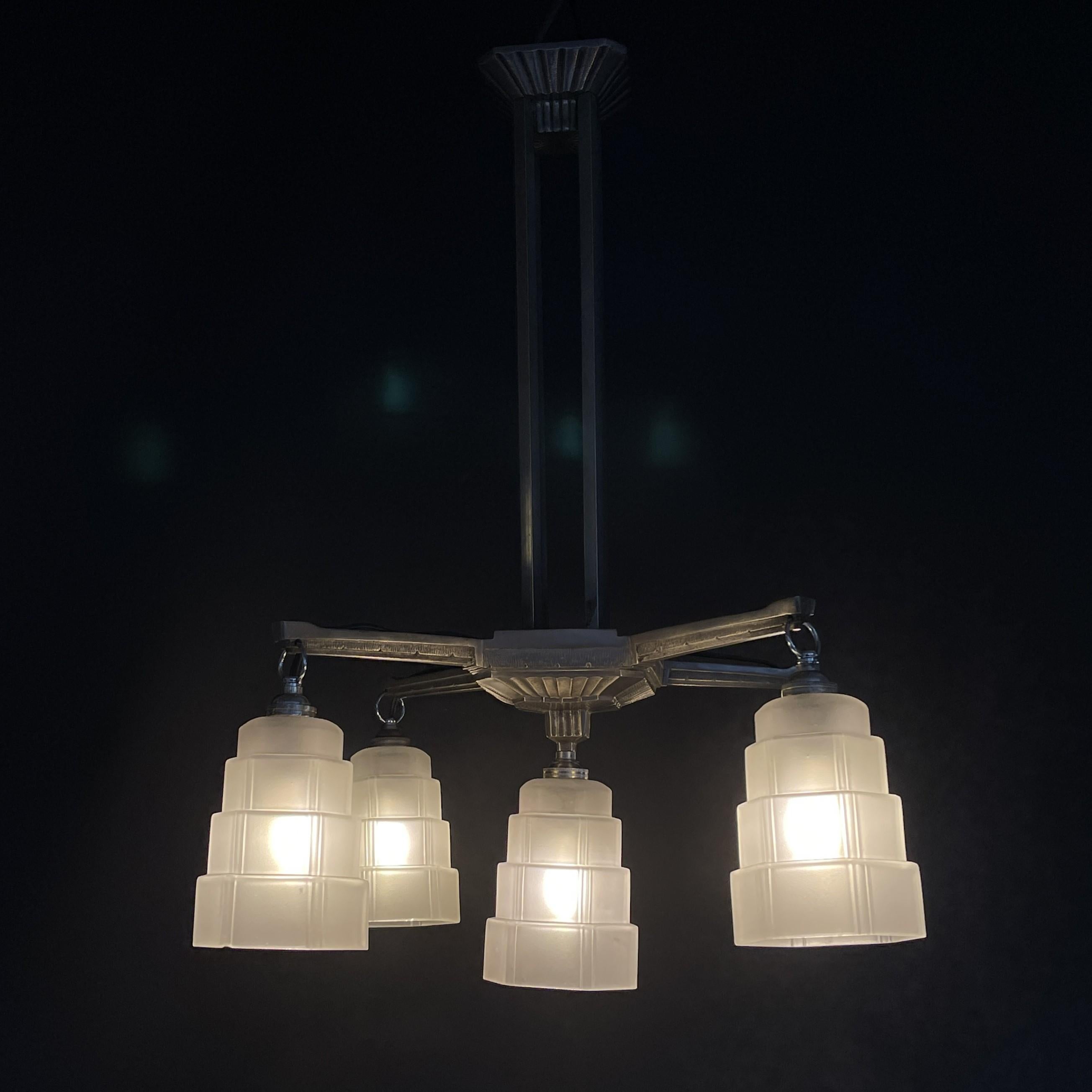Early 20th Century ART DECO chandelier hanging lamp nickel-plated Skyscraper ceiling lamp, 1920s For Sale
