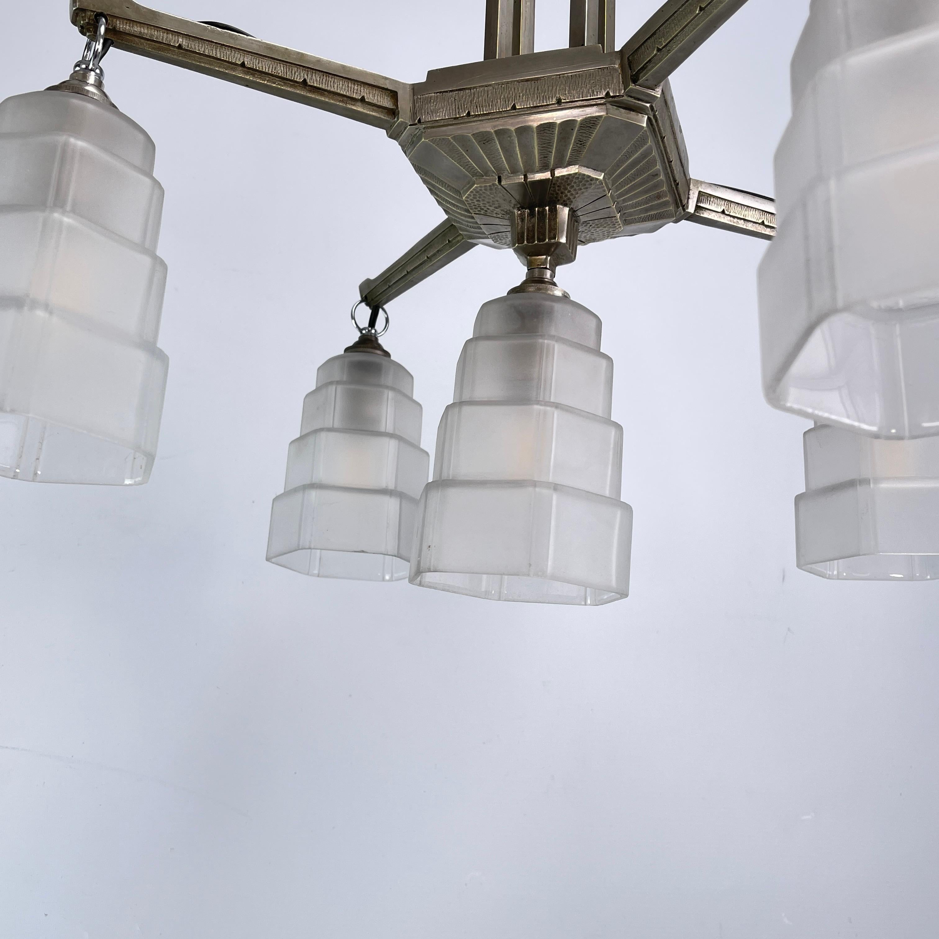 Metal ART DECO chandelier hanging lamp nickel-plated Skyscraper ceiling lamp, 1920s For Sale