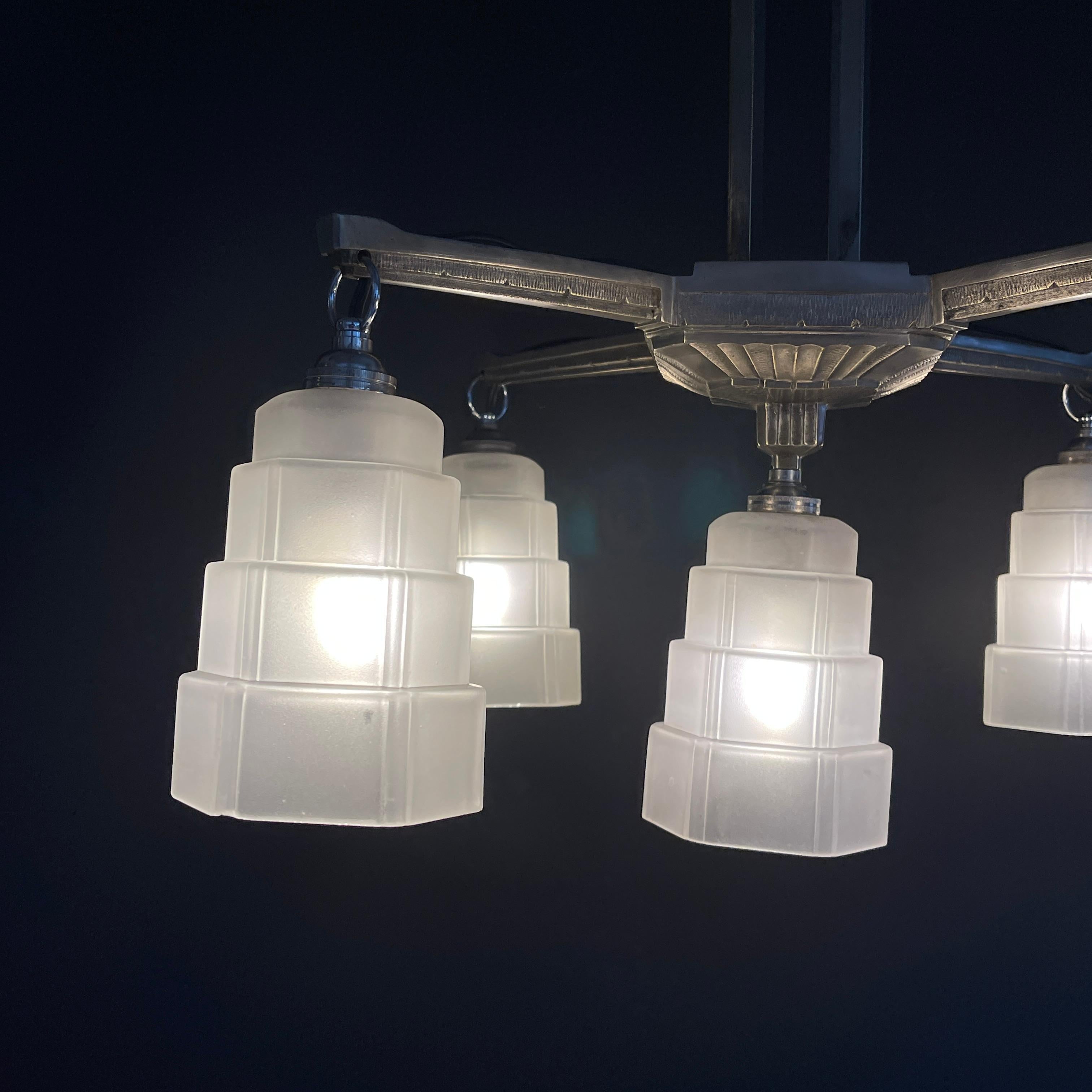 ART DECO chandelier hanging lamp nickel-plated Skyscraper ceiling lamp, 1920s For Sale 1