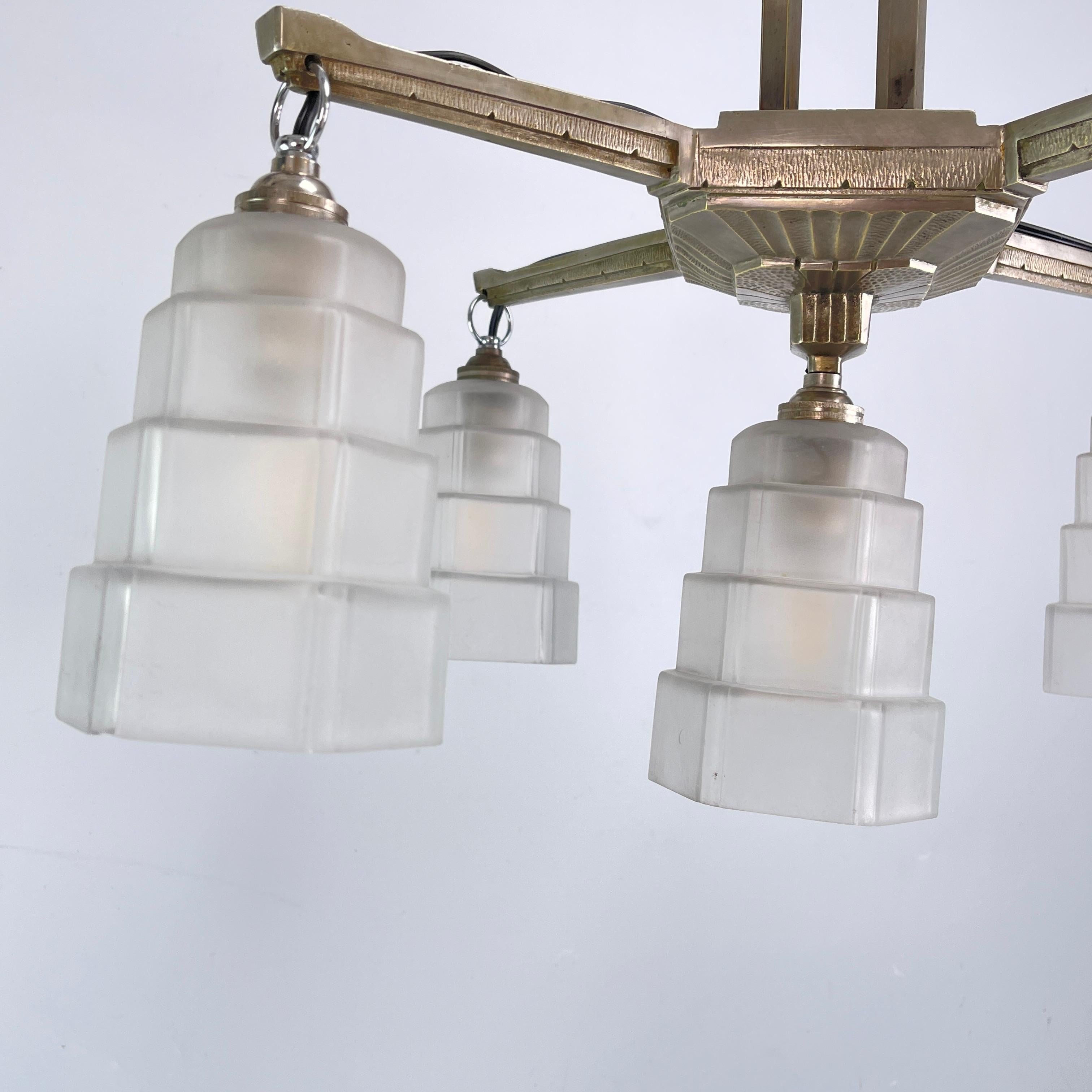 ART DECO chandelier hanging lamp nickel-plated Skyscraper ceiling lamp, 1920s For Sale 2