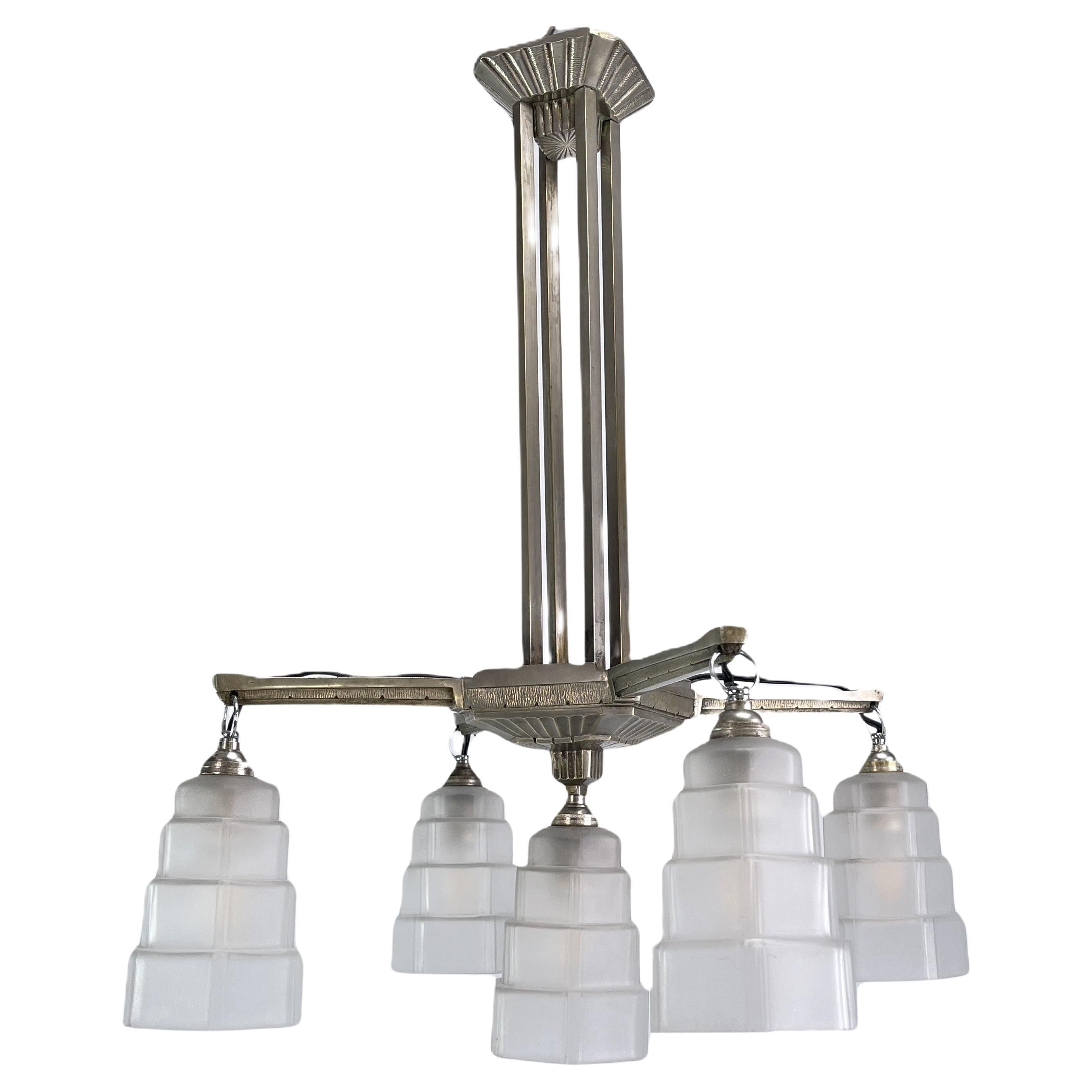 ART DECO chandelier hanging lamp nickel-plated Skyscraper ceiling lamp, 1920s