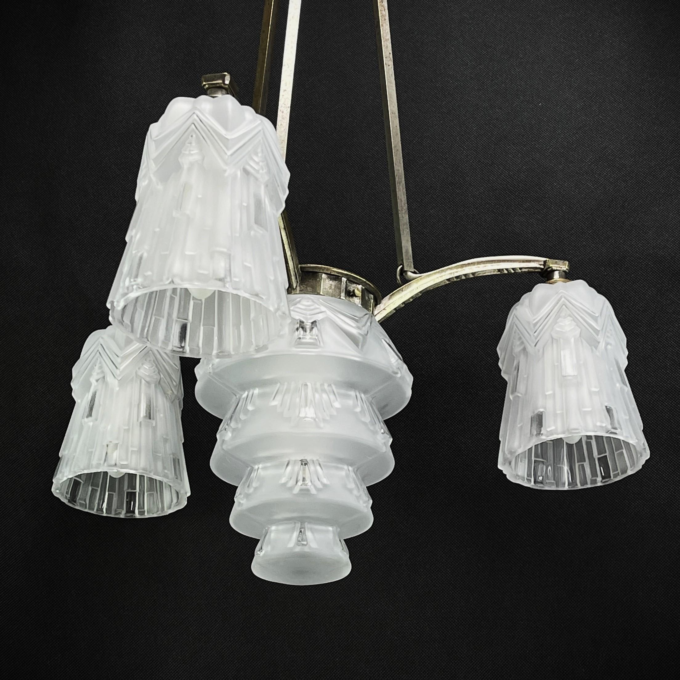 French ART DECO Chandelier Hanging Lamp Skyscraper nickel-plated 1920s For Sale